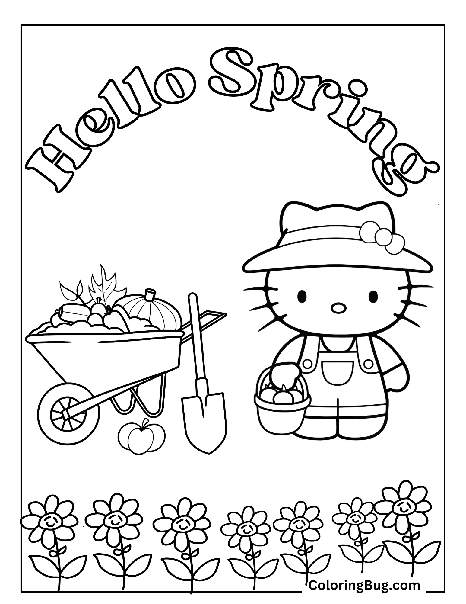 Hello Kitty With Freshly Picked Vegetables During Spring Coloring Sheet