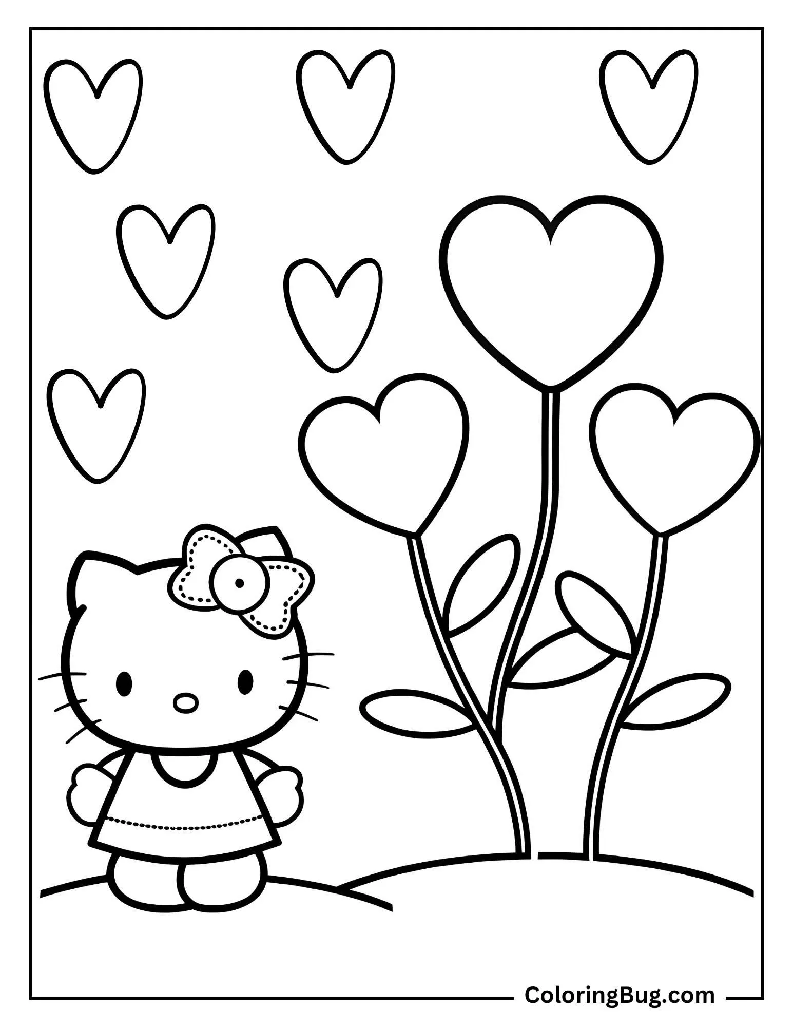 Hello Kitty With Heart Shaped Plants Coloring Sheet