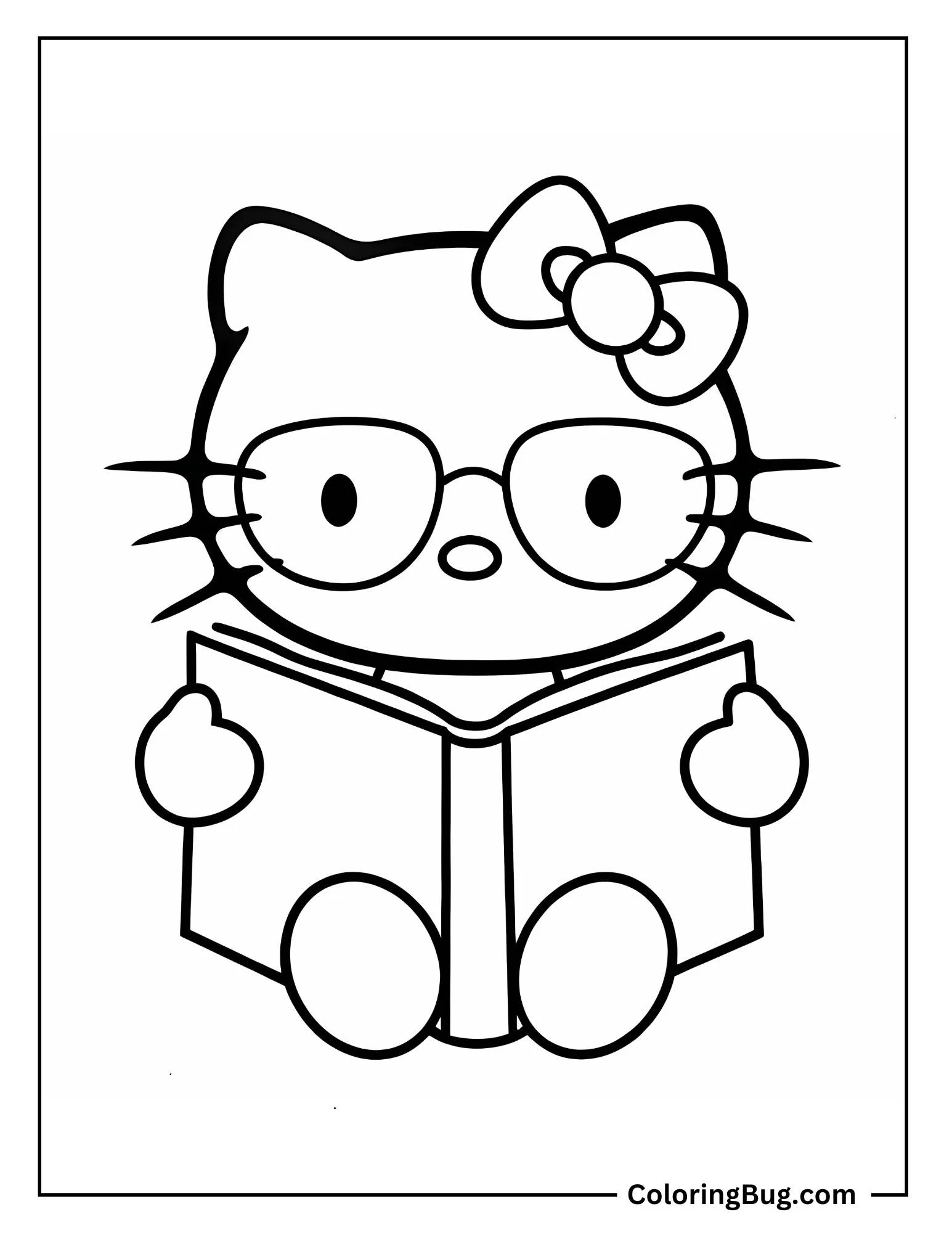 Hello Kitty With Her Favorite Book And Glasses Coloring Sheet