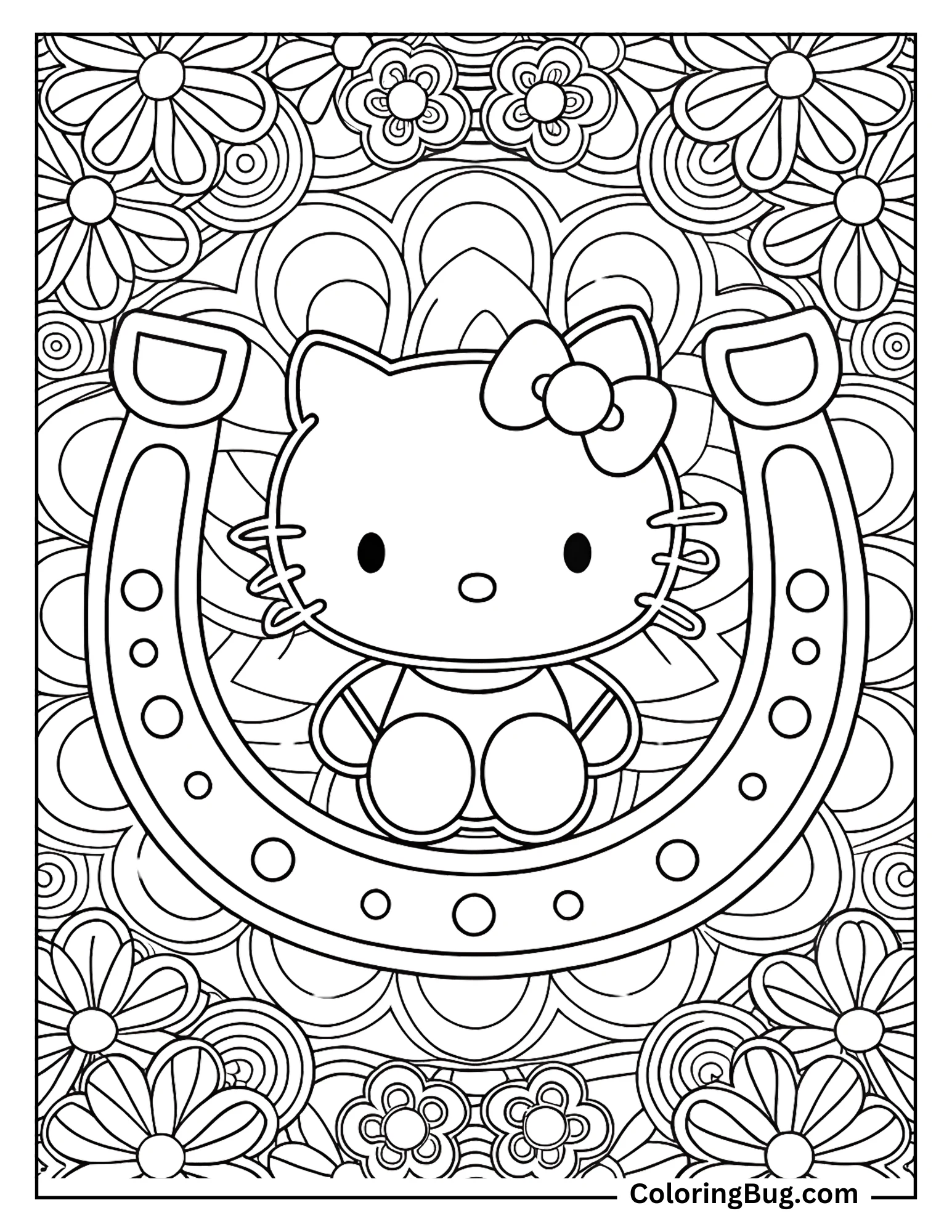Hello Kitty With Horseshoe Mandala Coloring sheet