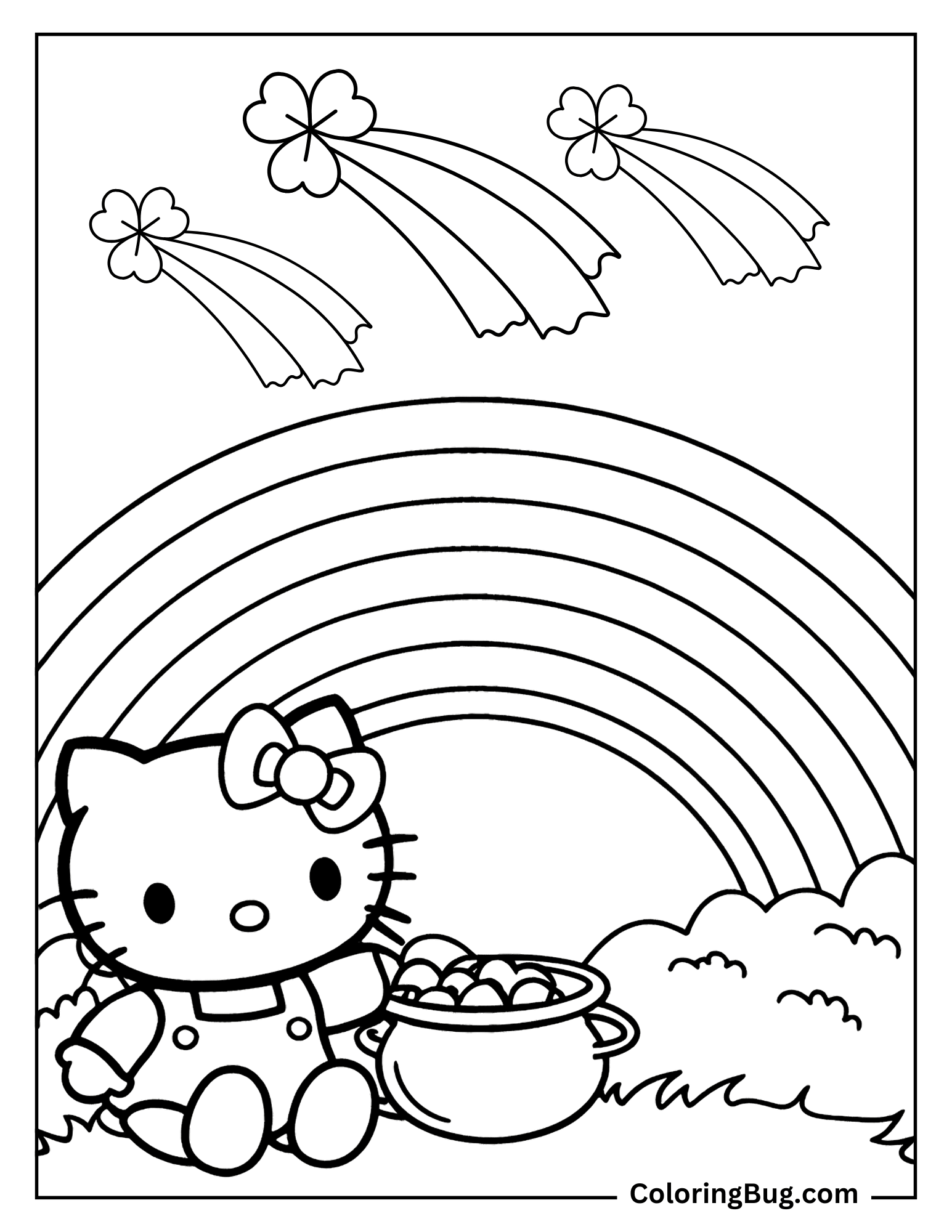 Hello Kitty With Rainbow , Pot of Gold And Shamrocks Coloring sheet