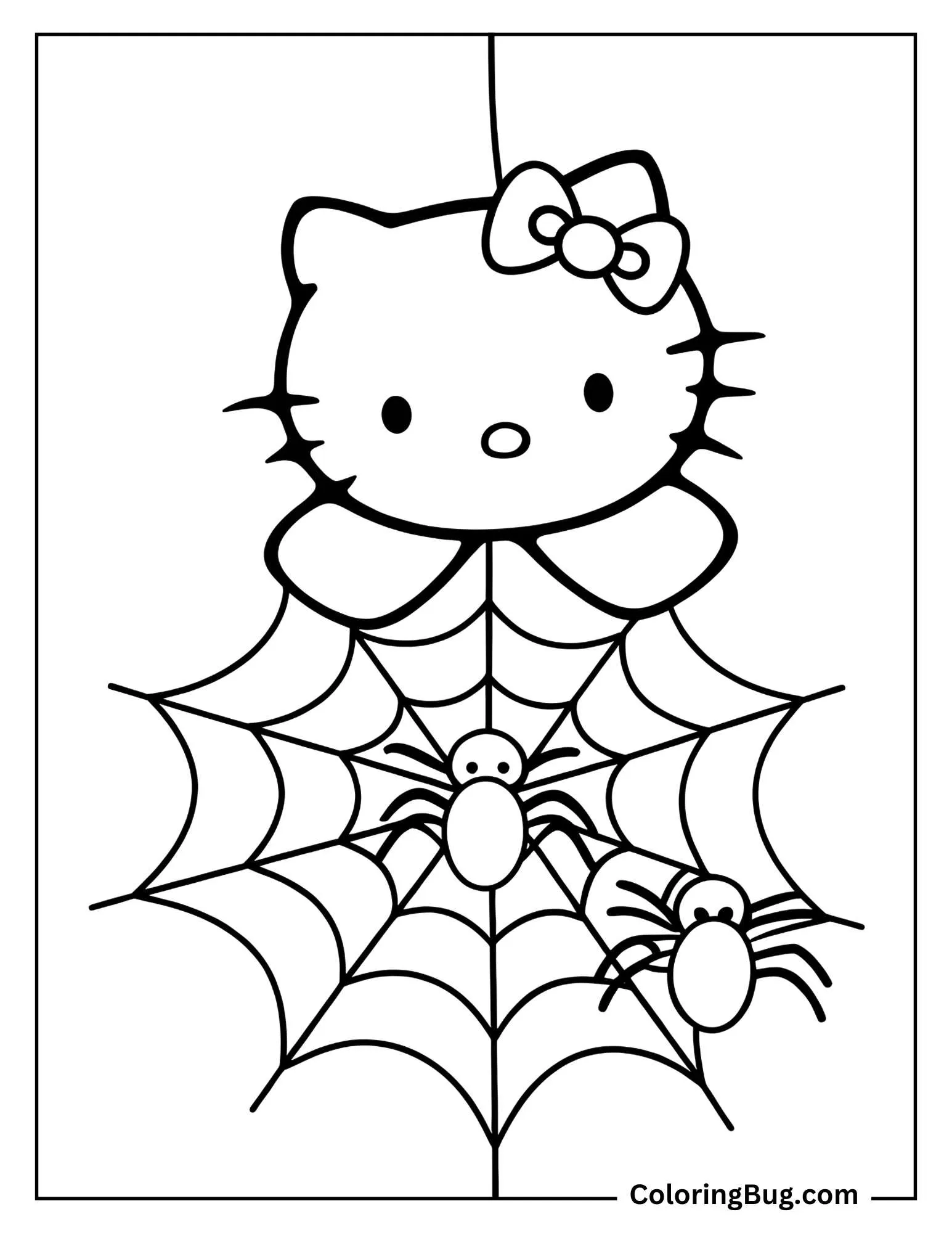 Hello Kitty With Spiders And Spider Web Coloring Sheet
