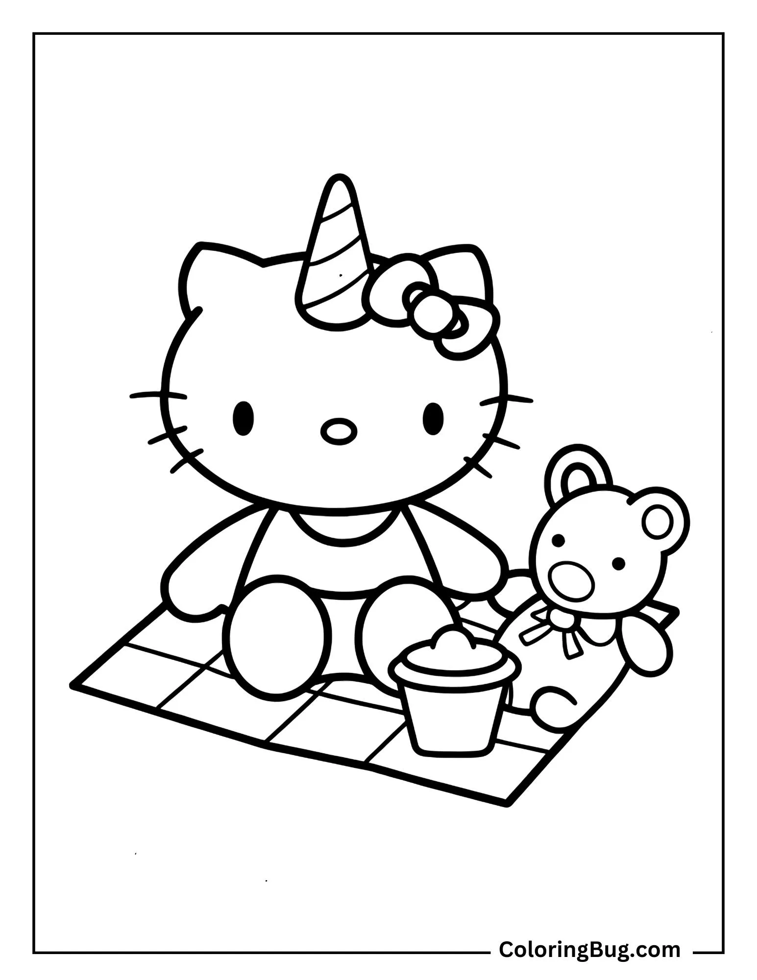 Hello Kitty With Unicorn Horn Having Picnic With Teddy Bear Coloring Sheet