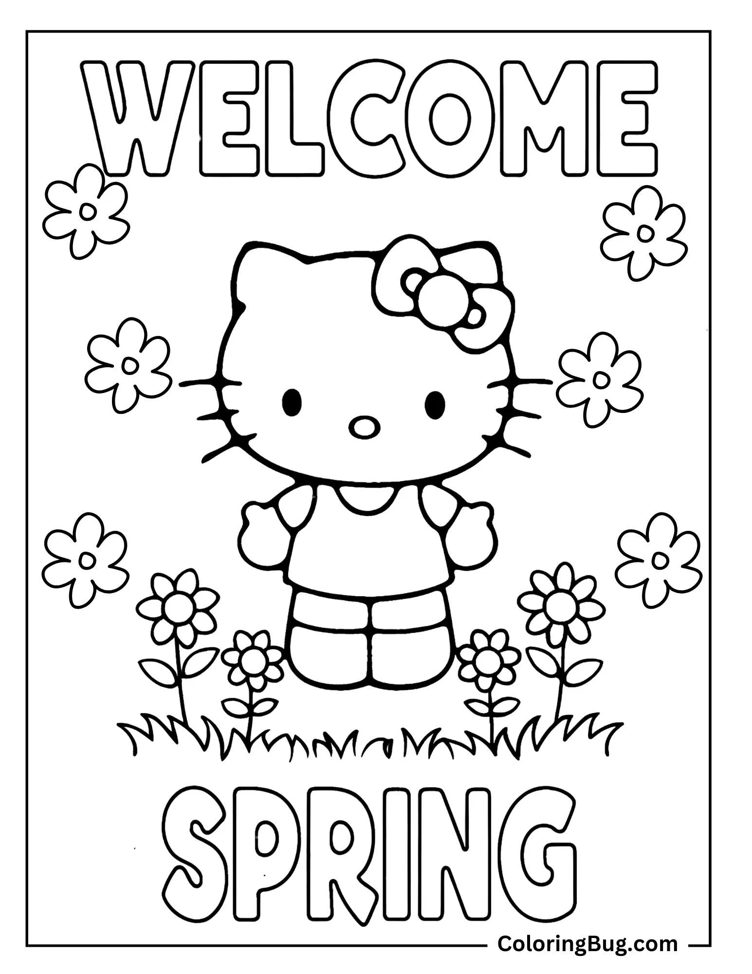 Hello Kitty With Welcome Spring Coloring Sheet