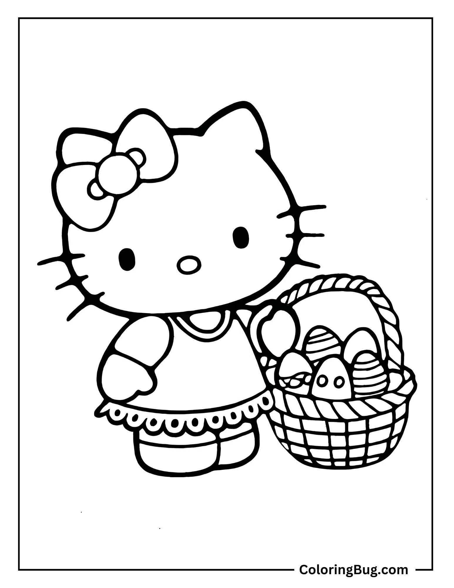 Hello Kitty With a Basket Of Easter Eggs Coloring Sheet
