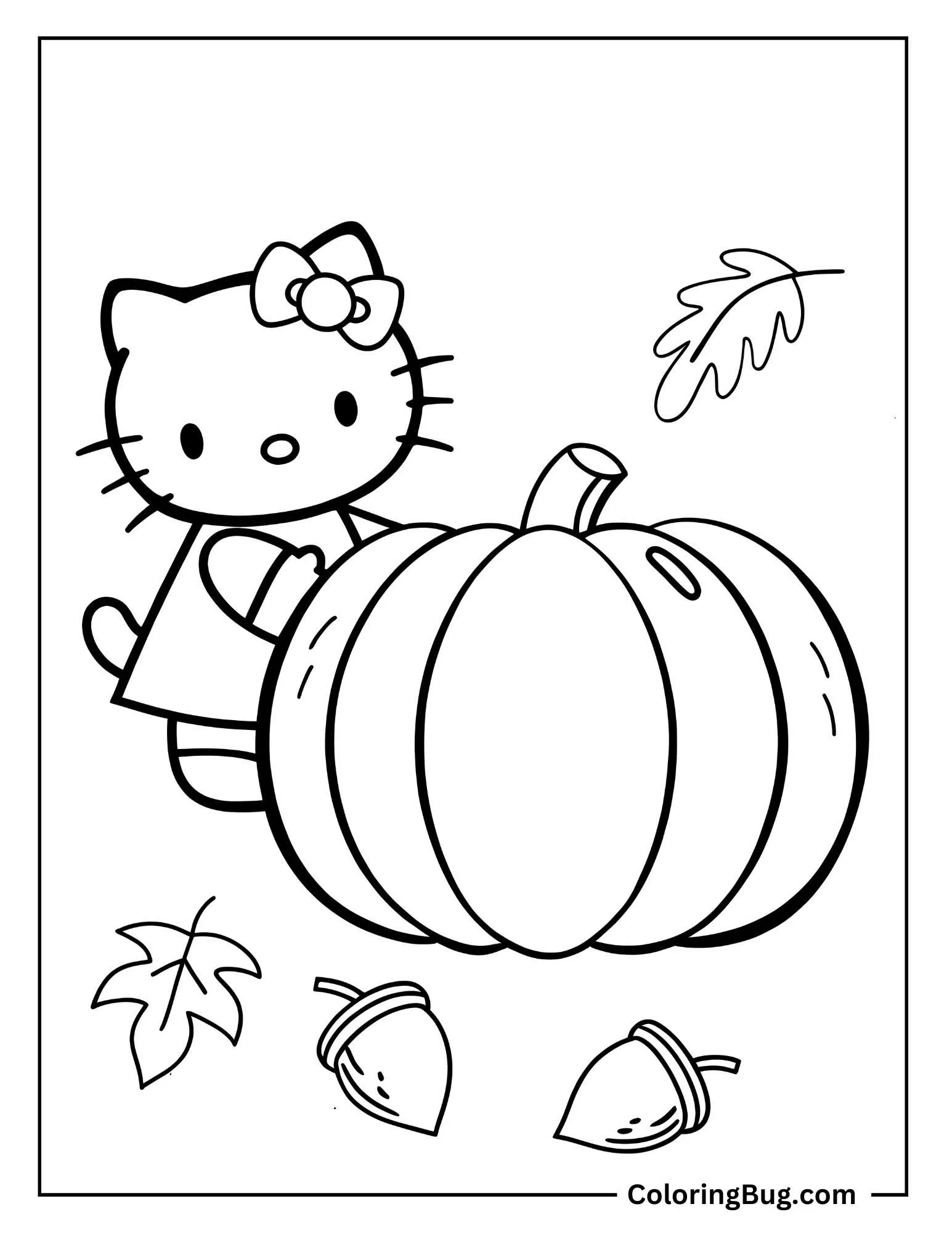 Hello Kitty With a Big Pumpkin In The Autumn Coloring Sheet