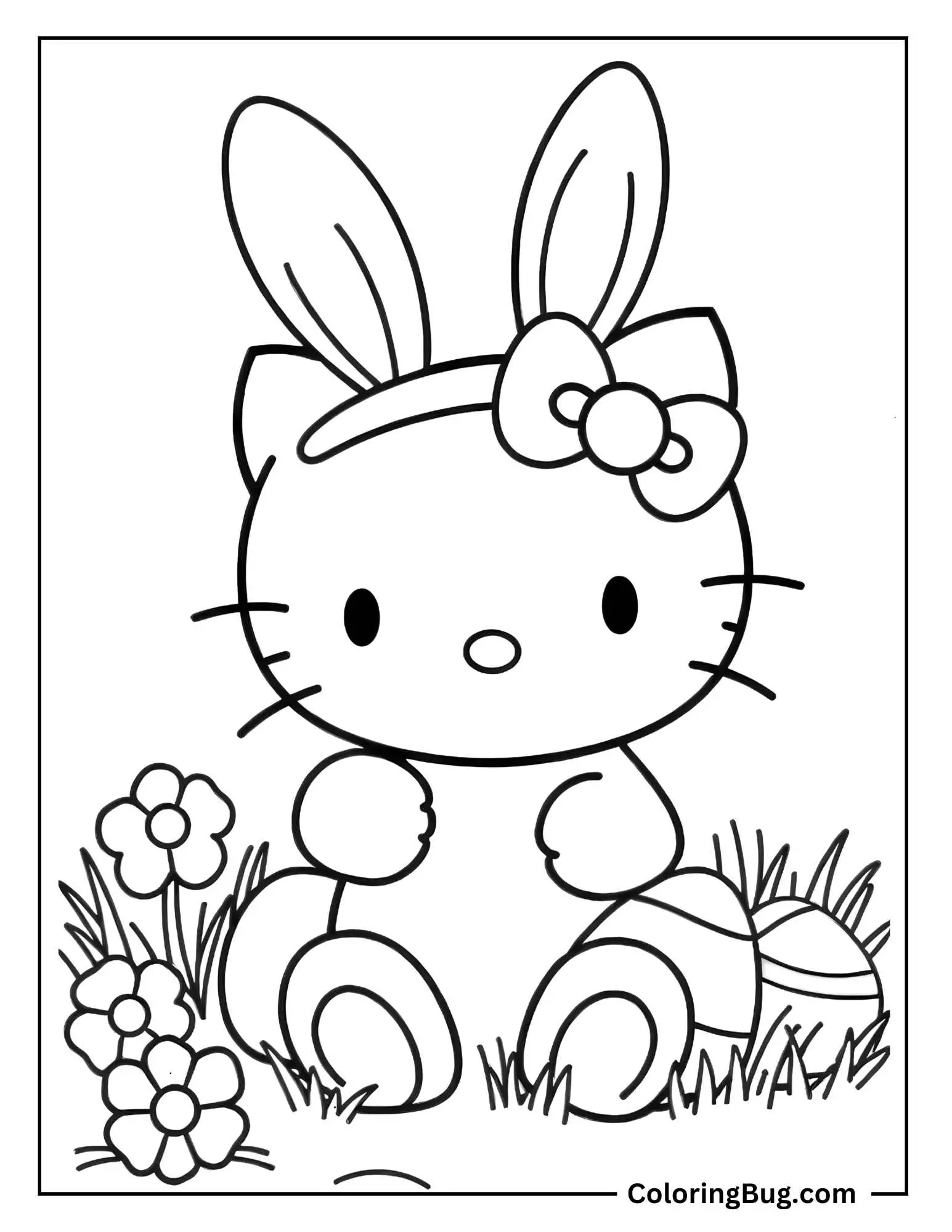 Hello Kitty With a Bunny Ear Headband On Easter Coloring Sheet