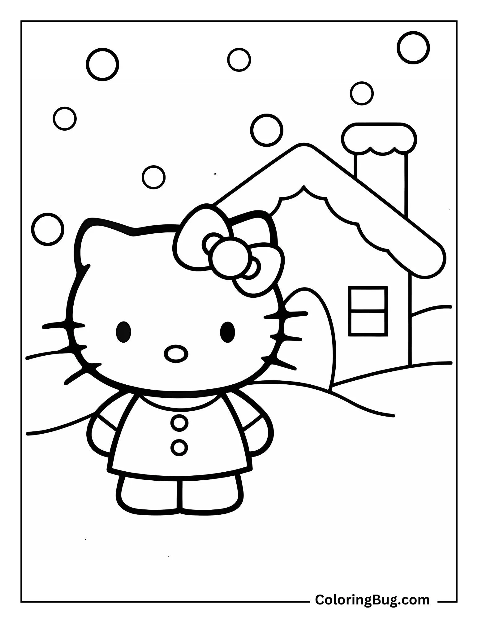 Hello Kitty With a Snow-Covered Roof And Chimney In The Background Coloring Sheet