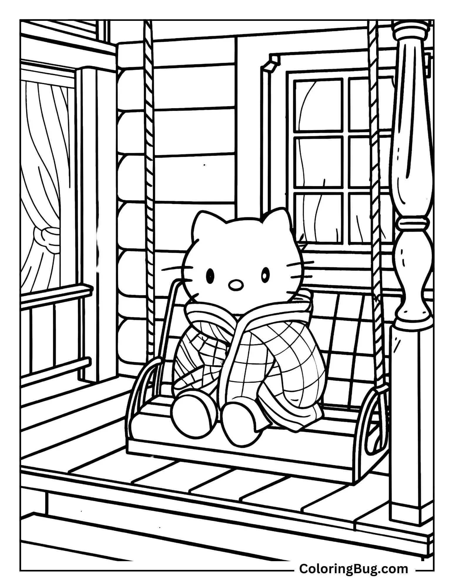 Hello Kitty Wrapped In a Warm Blanket Sitting On a Porch Swing Coloring Sheet