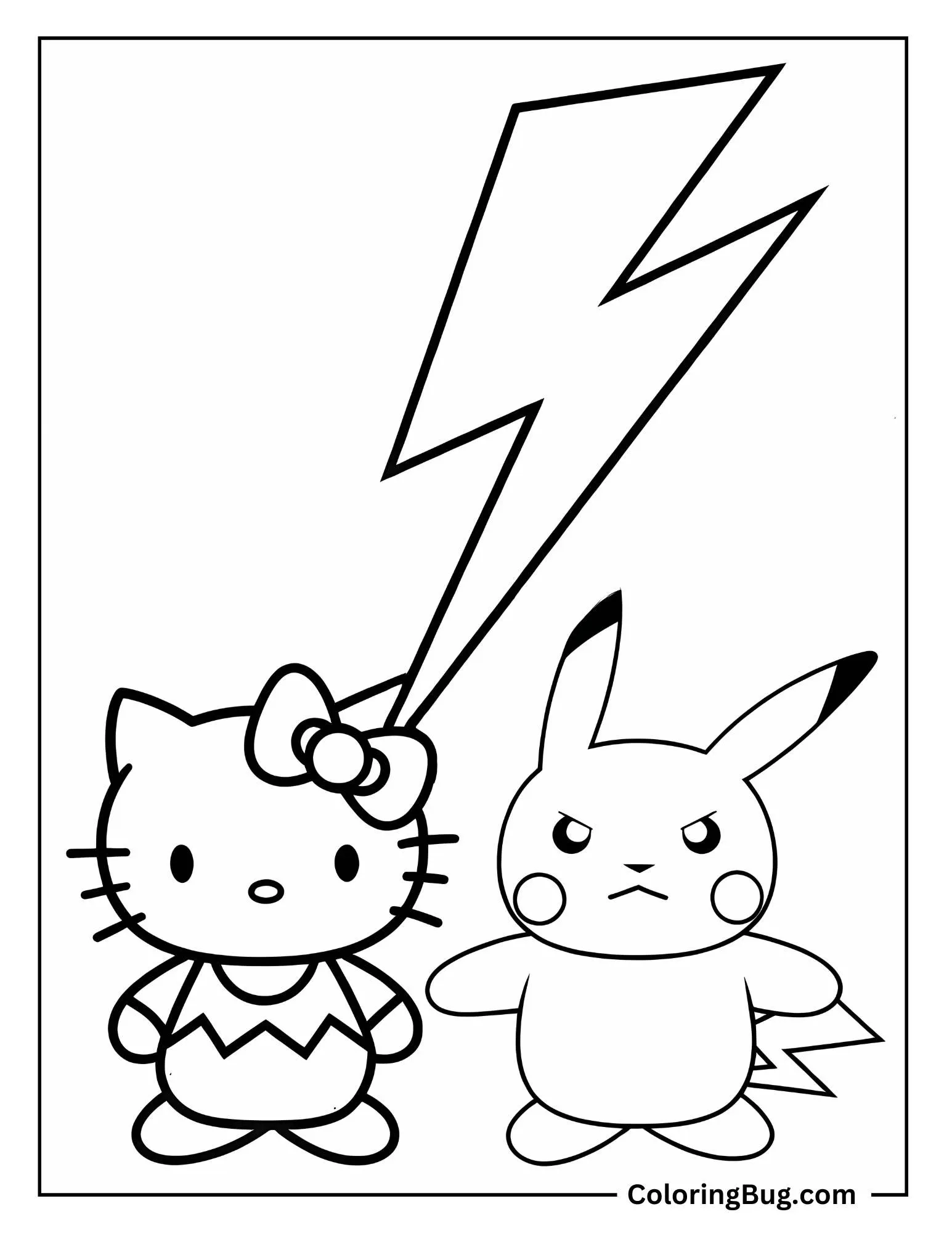 Hello Kitty and Pikachu Stand Together Under a Lightning Bolt Coloring Sheet