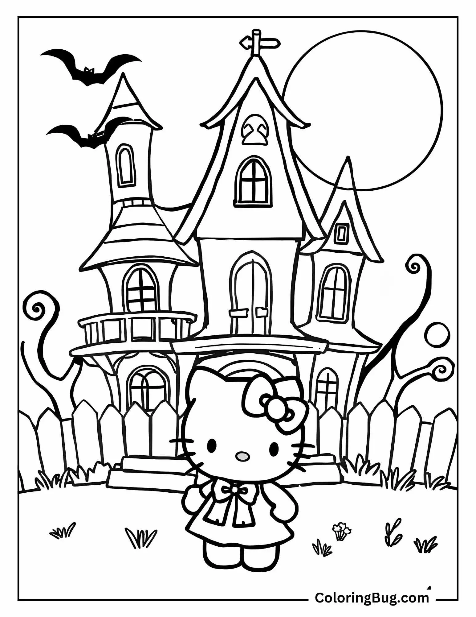Hello Kitty in Front of Hunted House Coloring Sheet