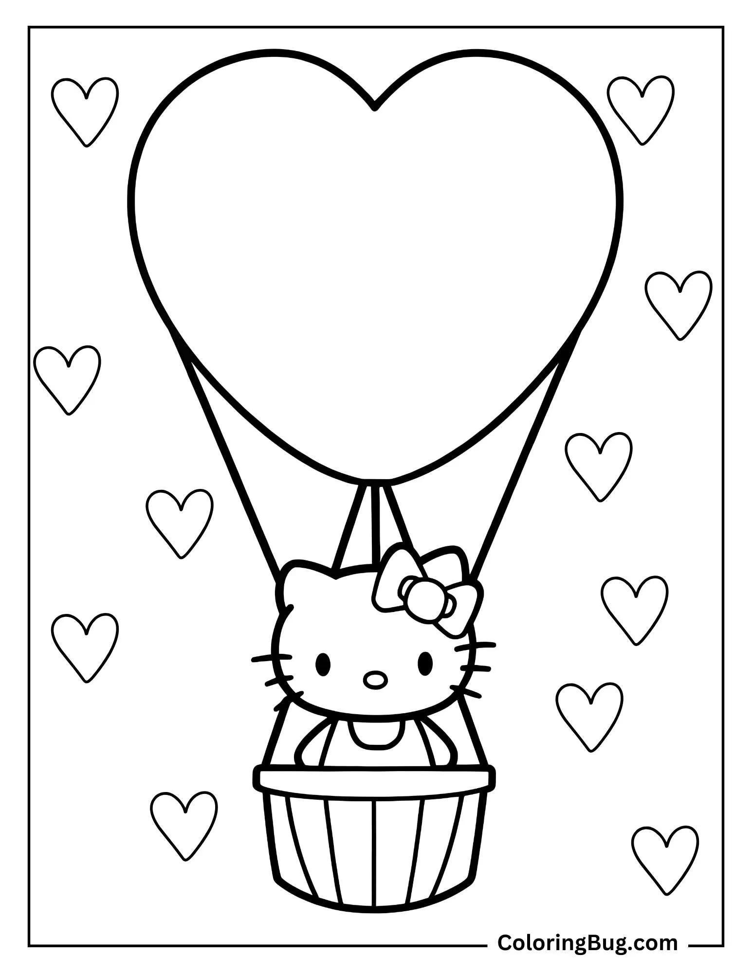 Hello Kitty in Heart Hot Air Balloon Coloring Sheet
