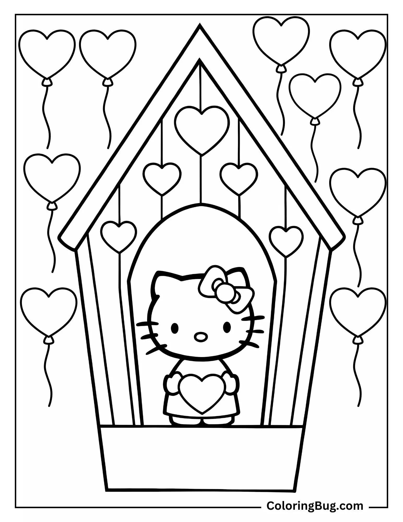Hello Kitty in Its Home Celebrating Valentine&rsquo;s Day Coloring Sheet