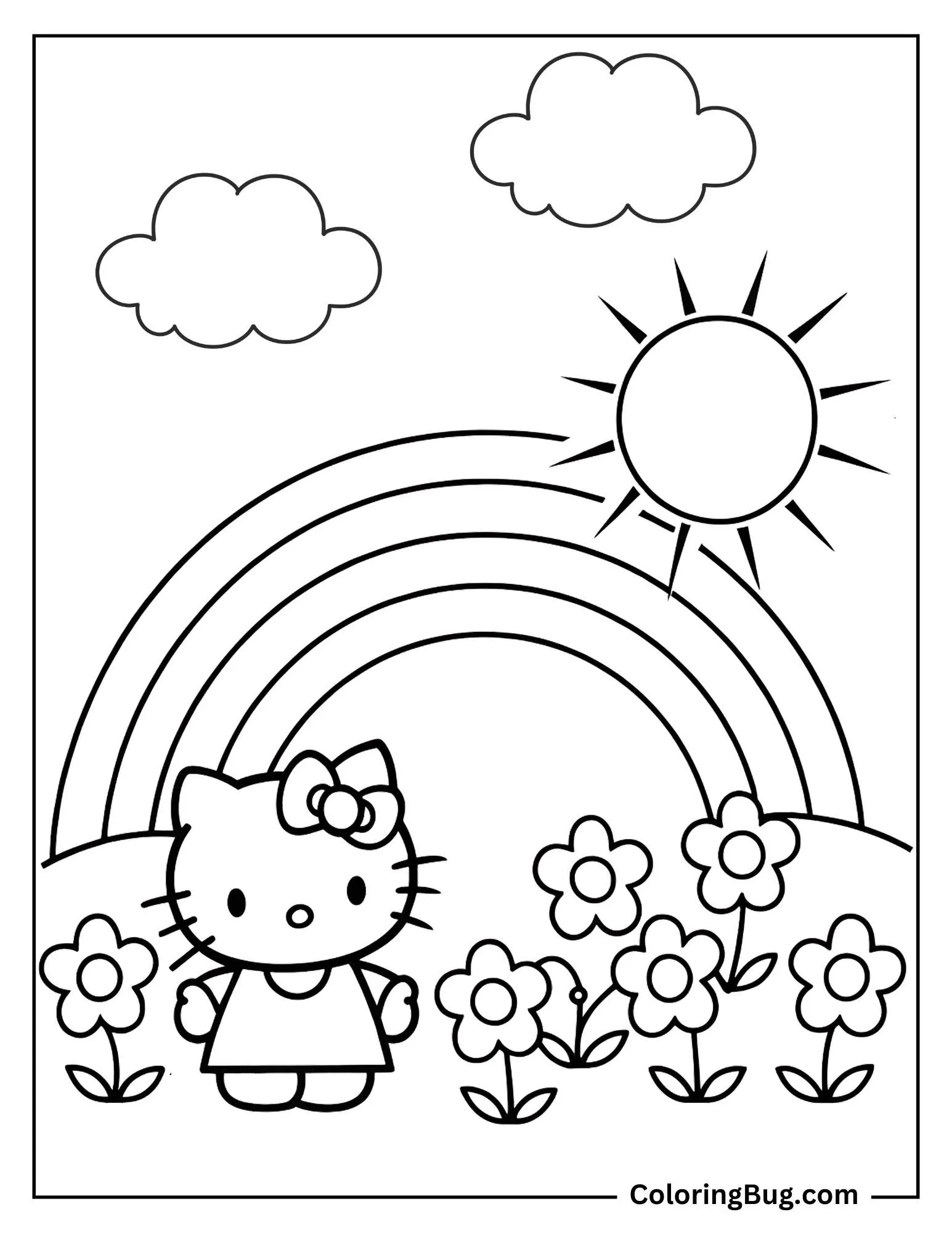 Hello Kitty in Spring Garden With Rainbow , clouds And Sun Coloring Sheet
