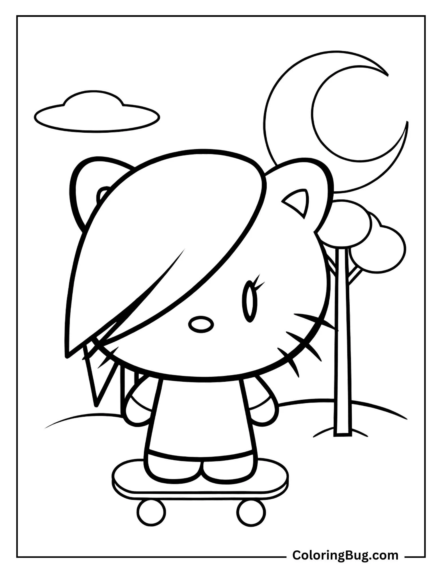 Hello Kitty on Skateboard At Night Coloring sheet