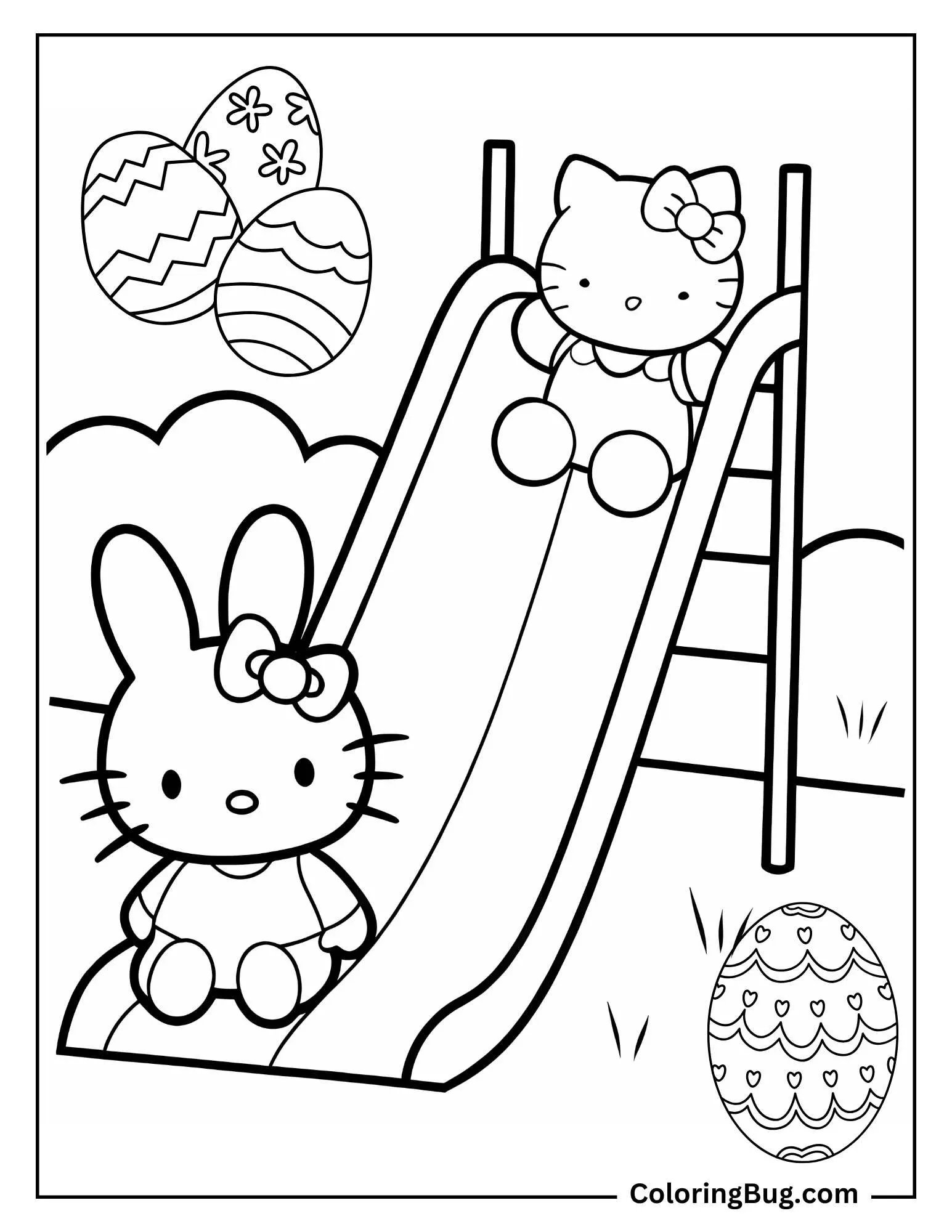 Hello Kitty on Slide with Easter Bunny Coloring Page