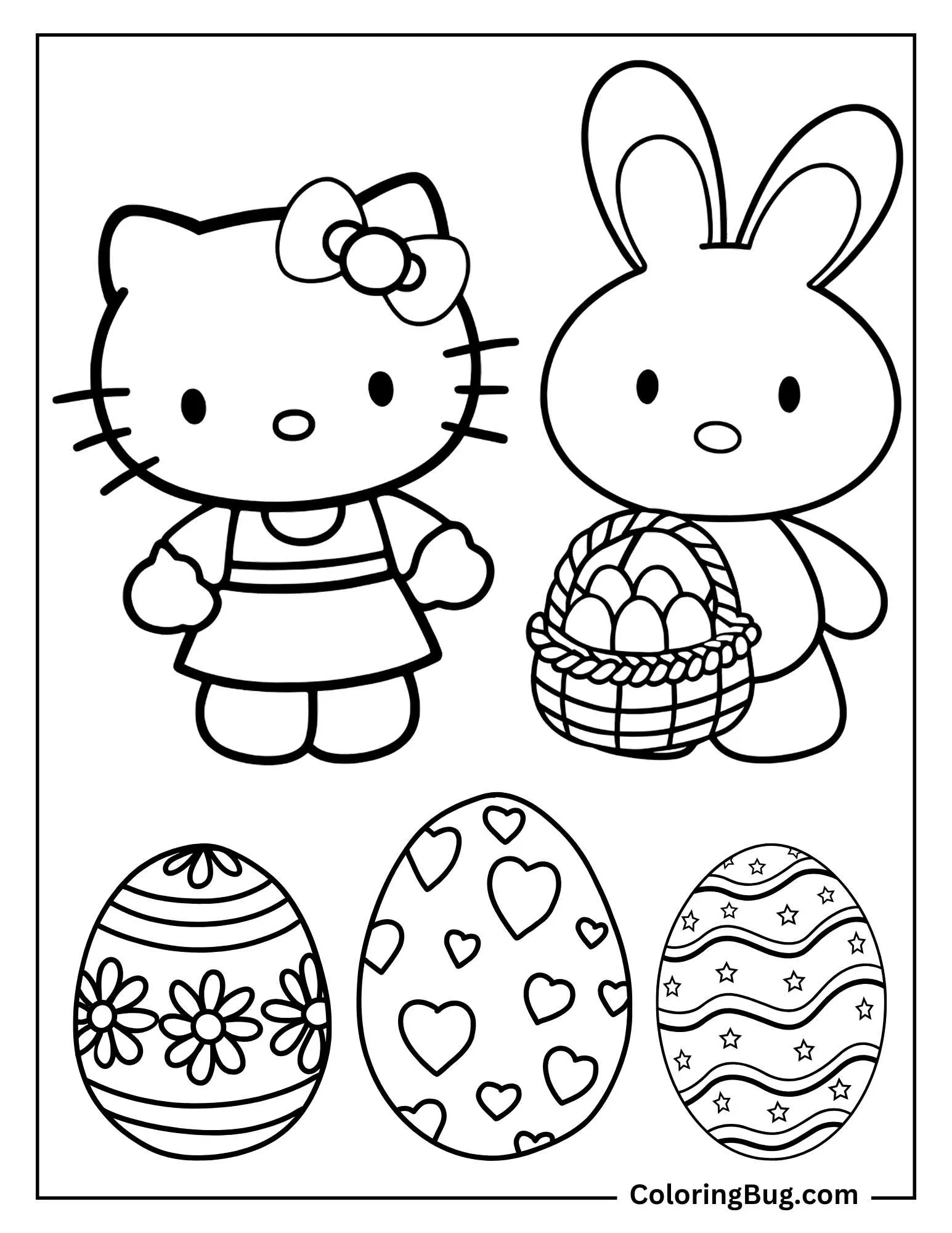 Hello Kitty with Easter Bunny Coloring Page