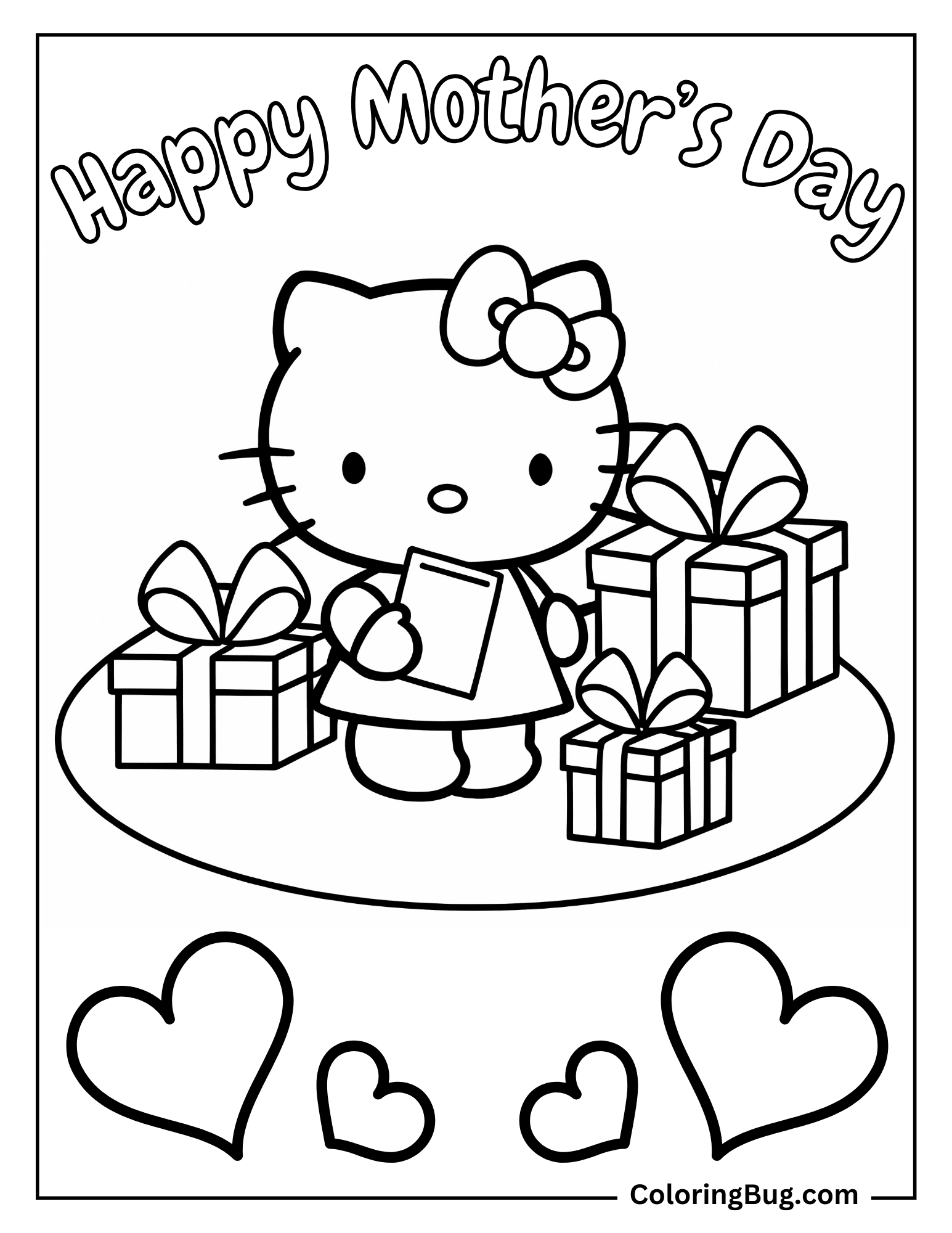 Hello Kitty with Presents and Card on Mother's Day Coloring Page