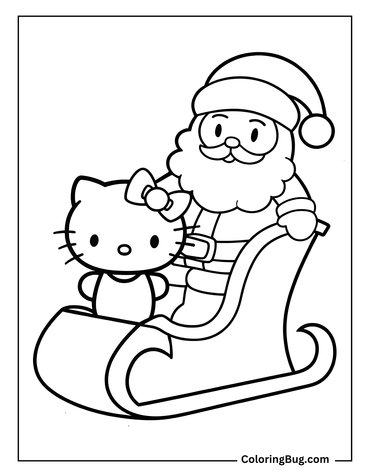 Hello Kitty with Santa Claus On His Sleigh Coloring Sheet