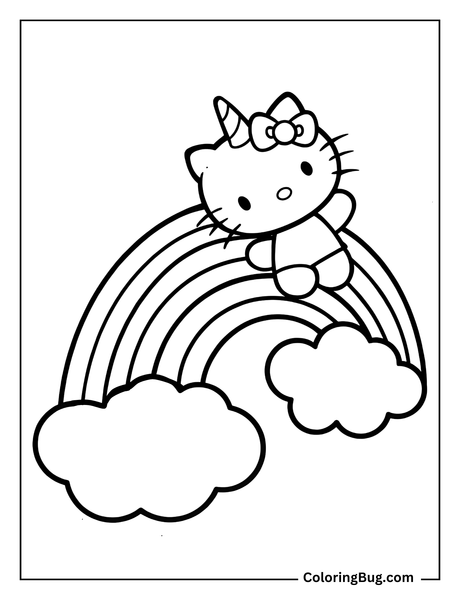 Hello Kitty with a unicorn horn flying over a rainbow Coloring Sheet