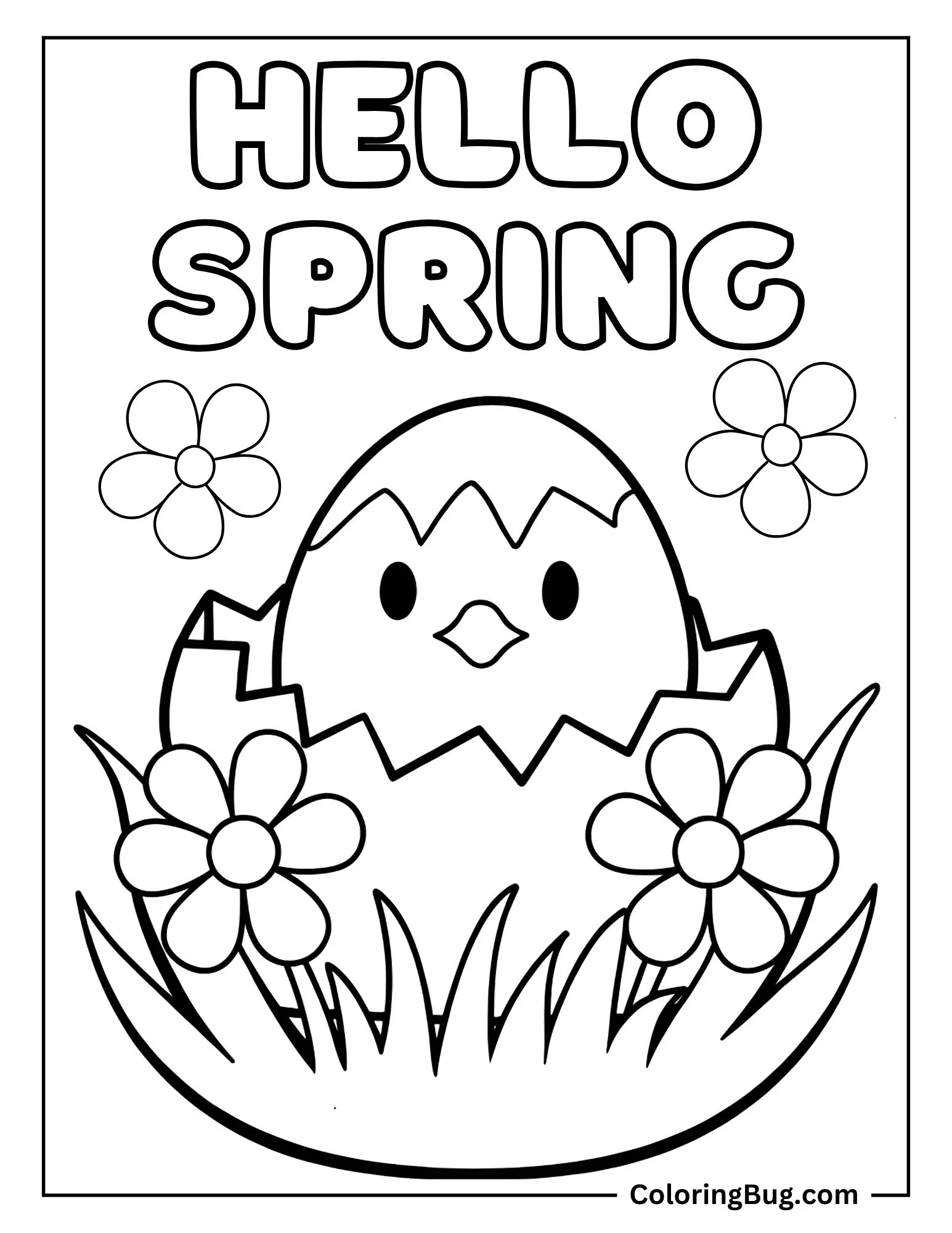 Hello Spring With Baby Chick Popping Out of Egg With Flowers Coloring sheet