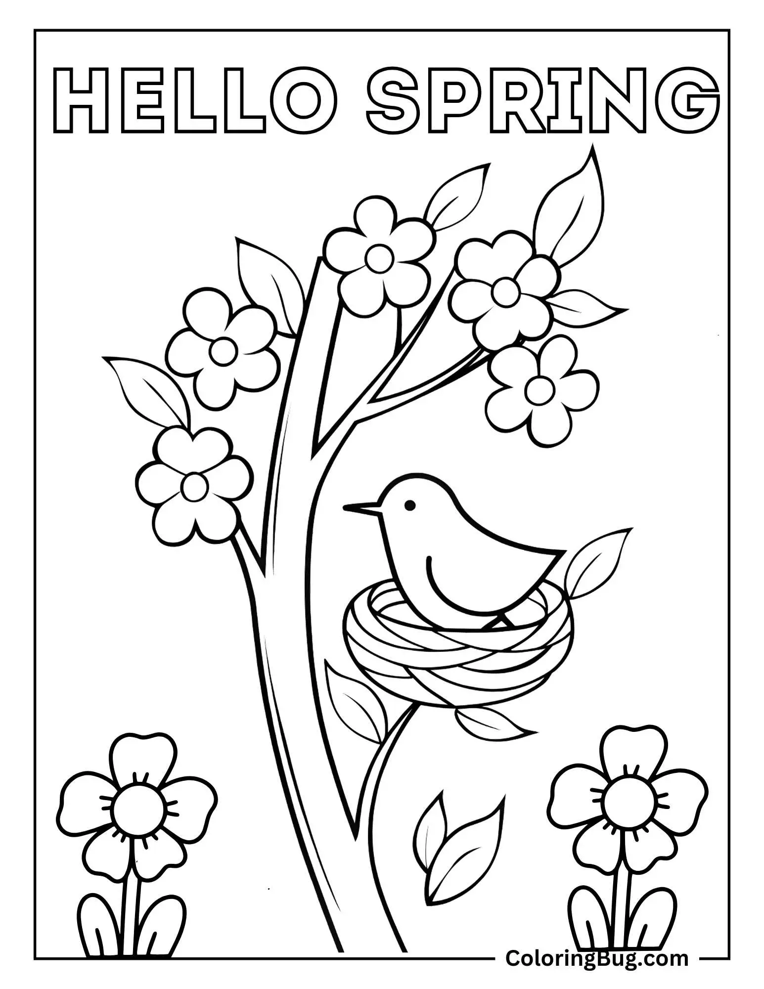 Hello Spring With Bird Perched on Nest in Blooming Tree Brunch Coloring Sheet