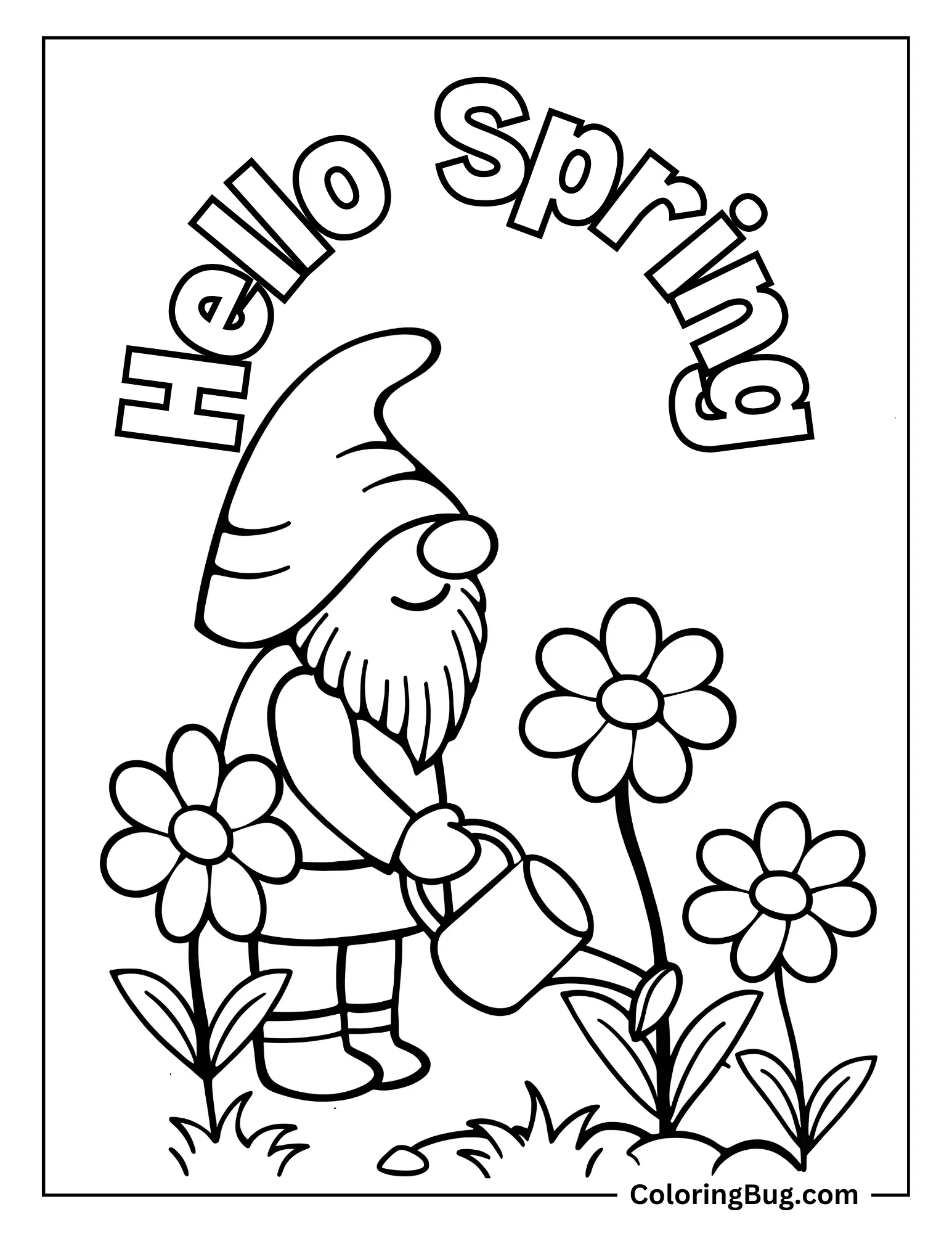 Hello Spring With Garden Gnome Watering Spring Plants Coloring Sheet