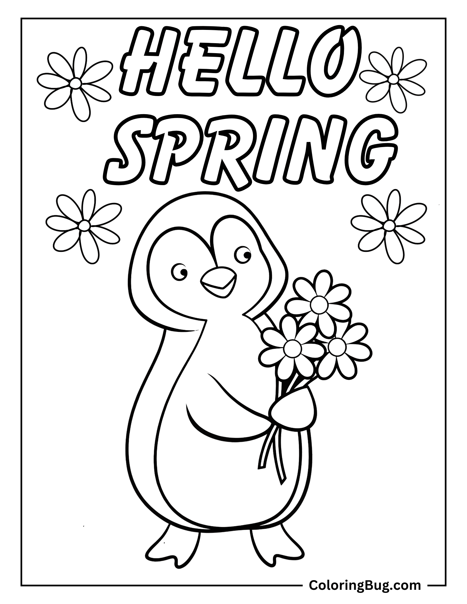Hello Spring With Penguin Holding Flowers Coloring Sheet
