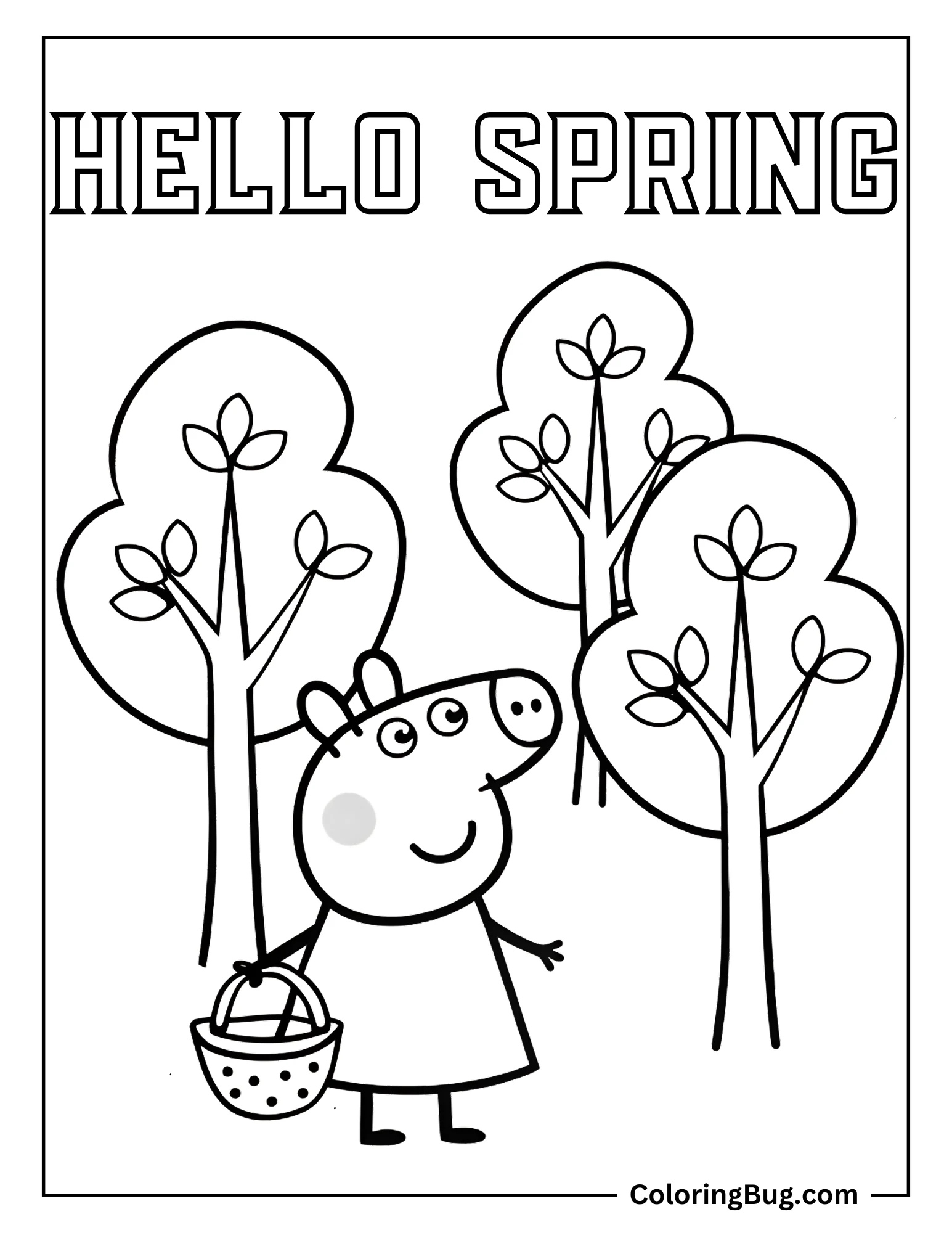 Hello Spring With Peppa Pig With Walking Through Cherry Blossom Trees Coloring Sheet