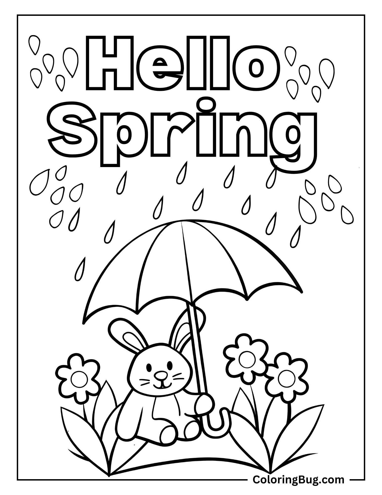 Hello Spring With Rabbit Holding Umbrella in Spring Rain Coloring Sheet