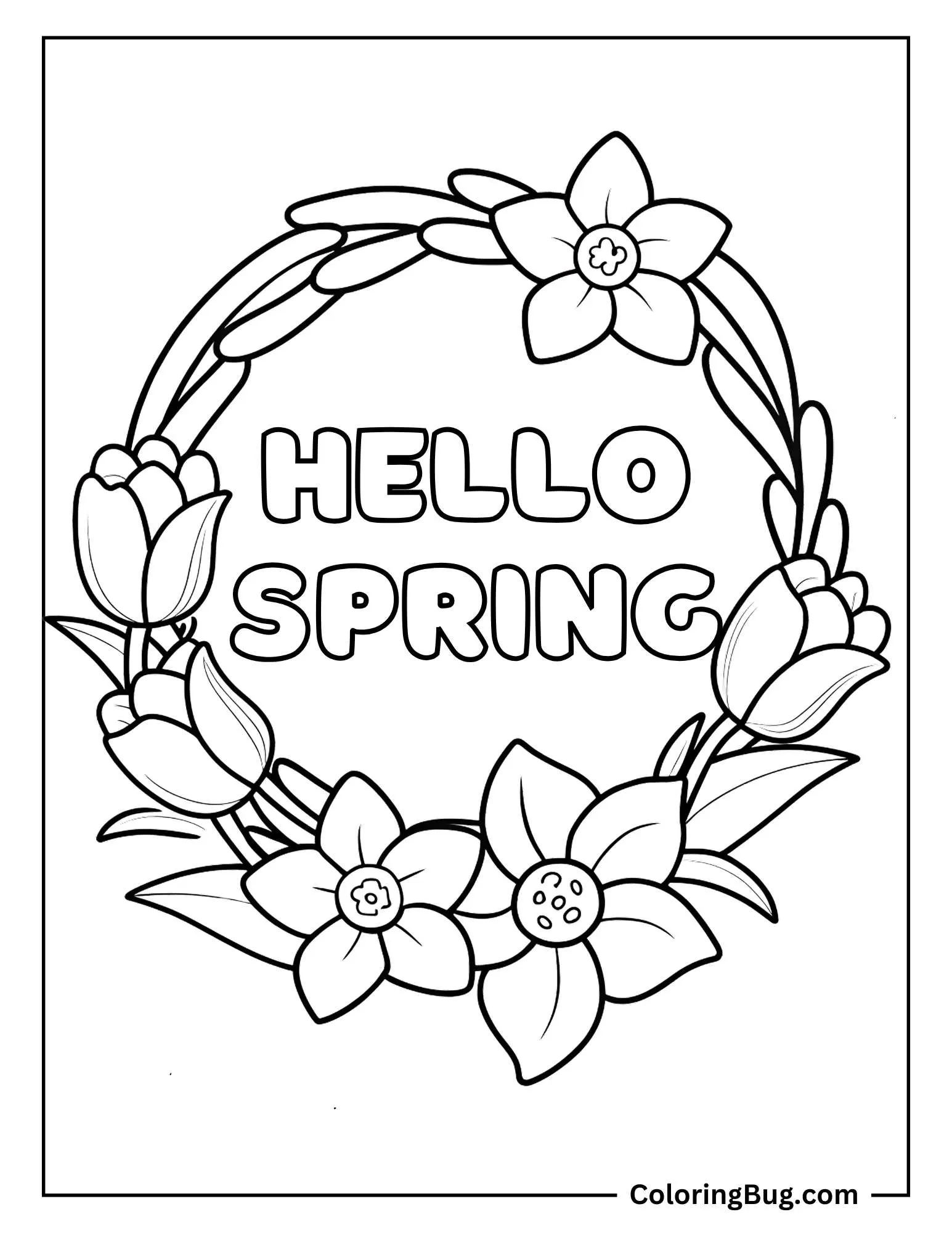 Hello Spring With Spring Flower Wreath Coloring sheet