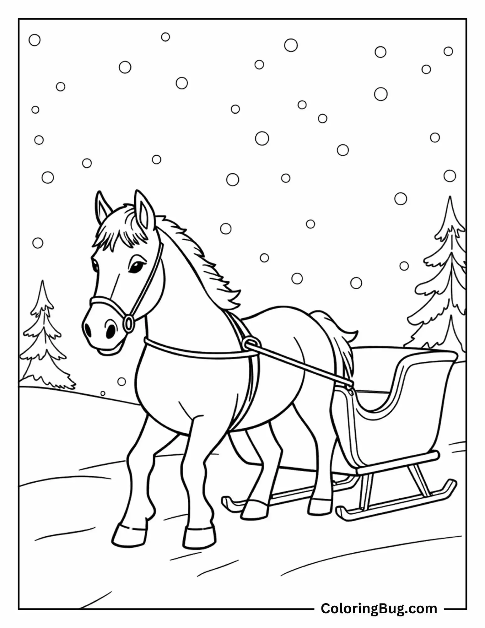 Horse Pulling Sleigh in Snowy Forest in Snowfall Coloring Sheet
