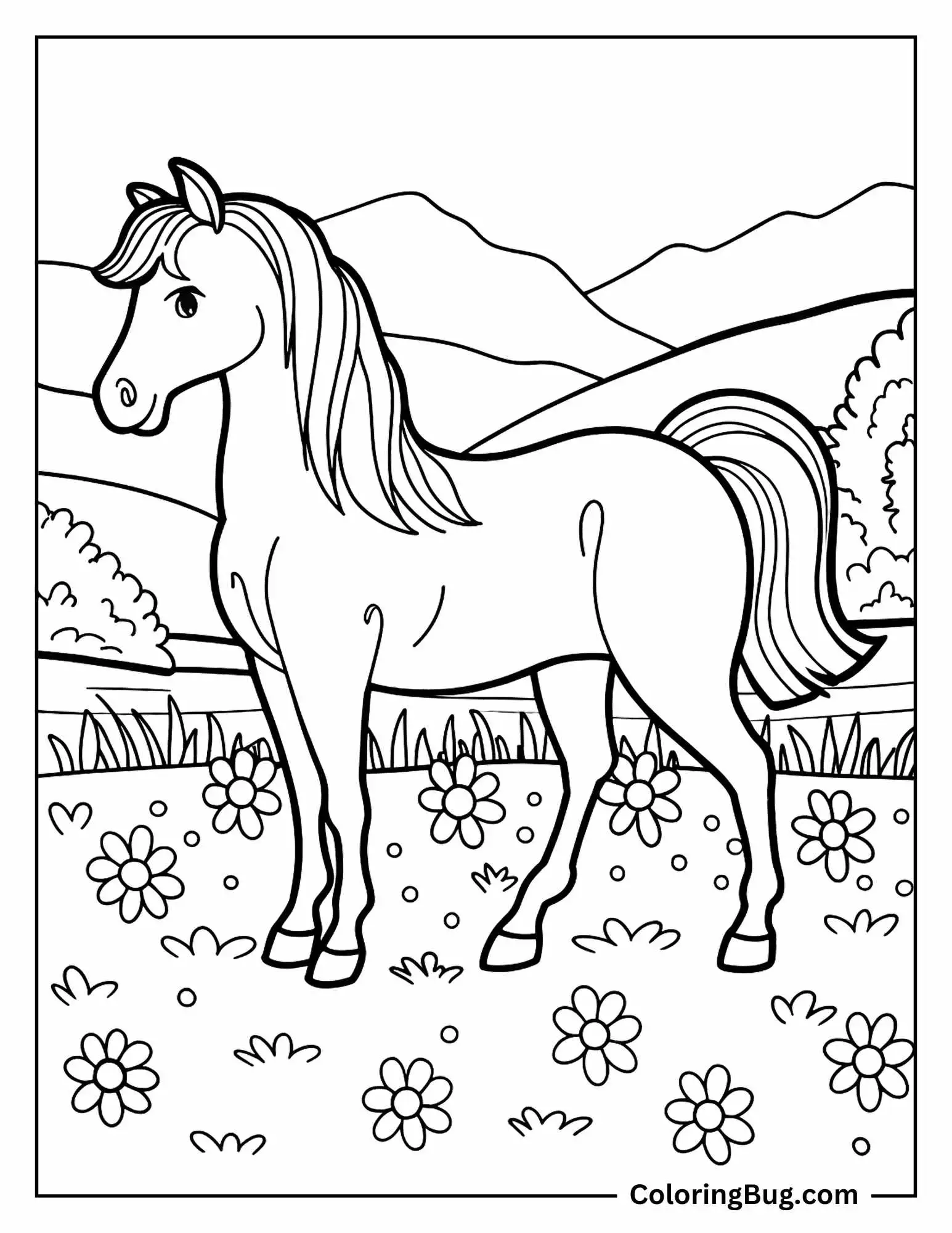 Horse Standing in Peaceful Pasture Coloring Sheet 