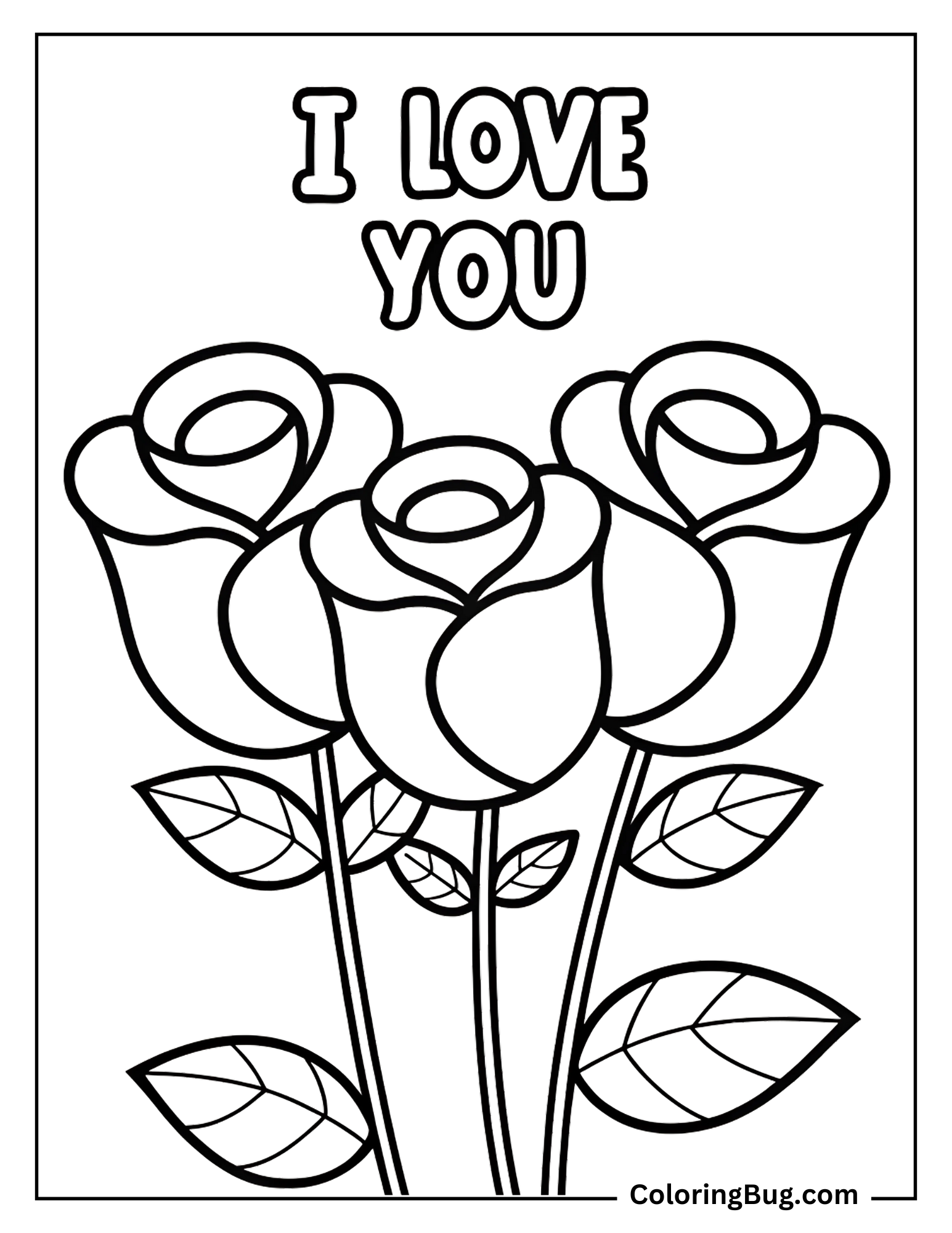 I Love You Text With Roses Coloring Sheet