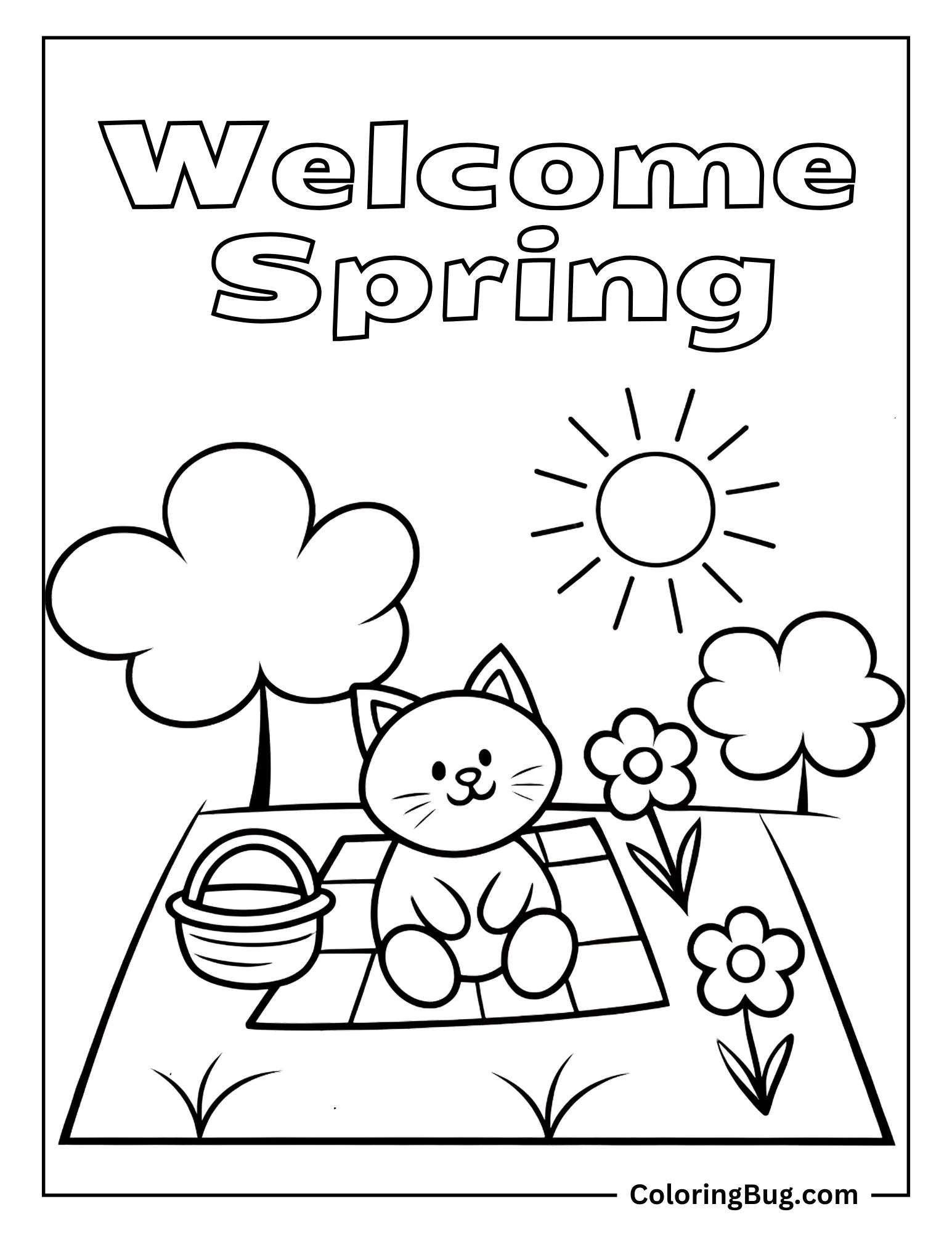 Kitten Having Picnic in Meadow During Spring Coloring Sheet