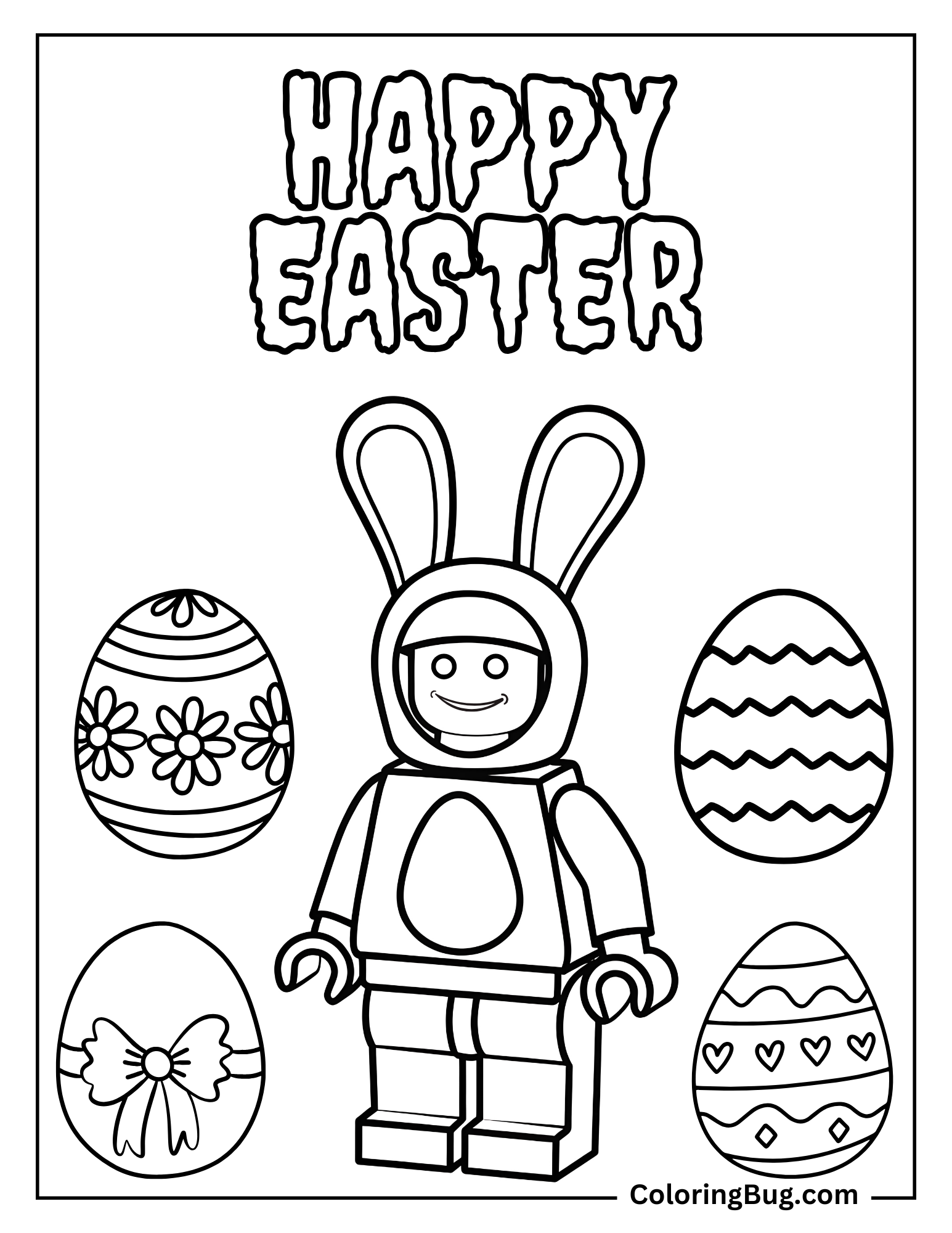 LEGO Bunny Minifigure with Happy Easter Text oloring Page