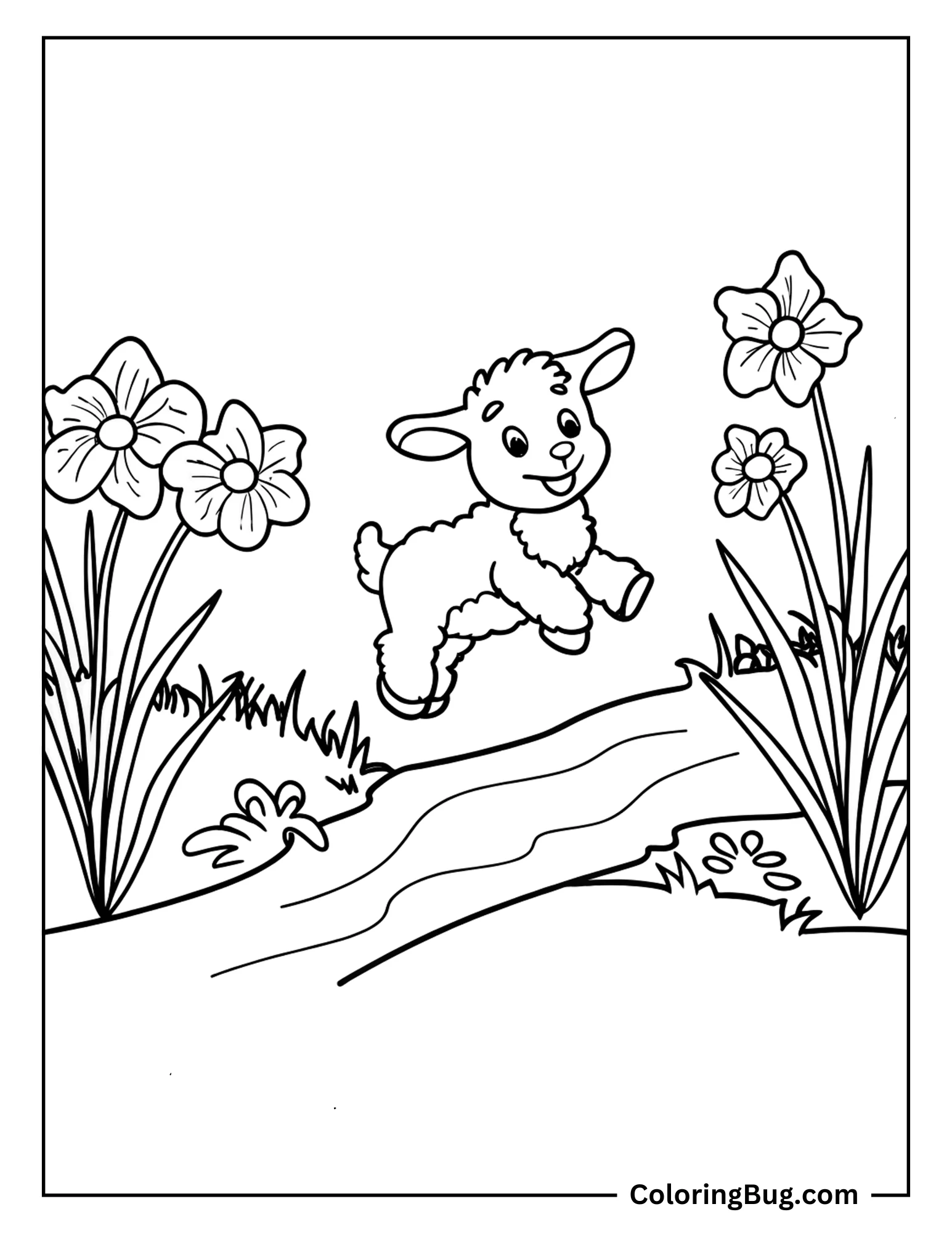 Lamb Jumping Over Stream During Spring Coloring Sheet