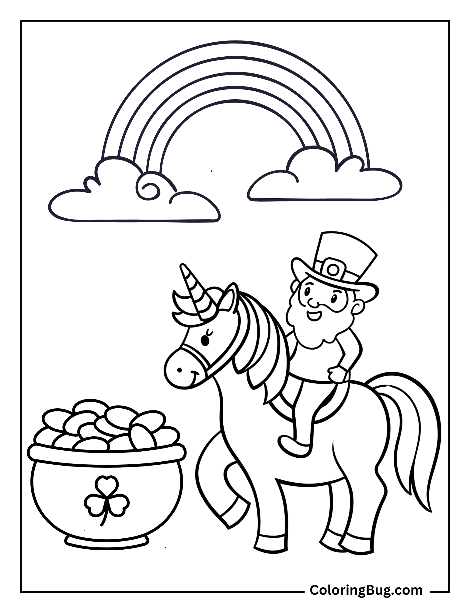 Leprechaun Riding a Unicorn To Pot Of Gold Coloring Sheet