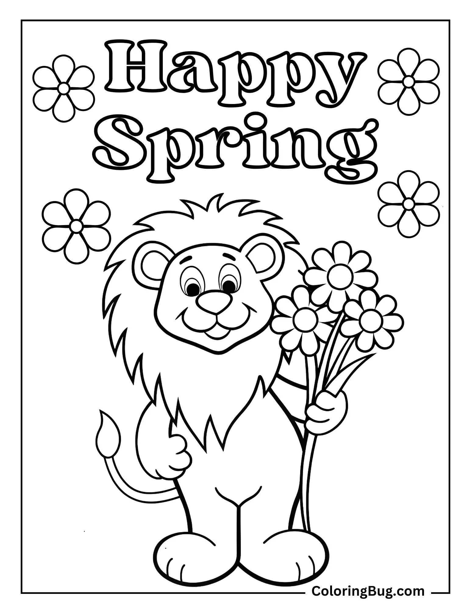 Lion Holding Spring Flowers Coloring Sheet