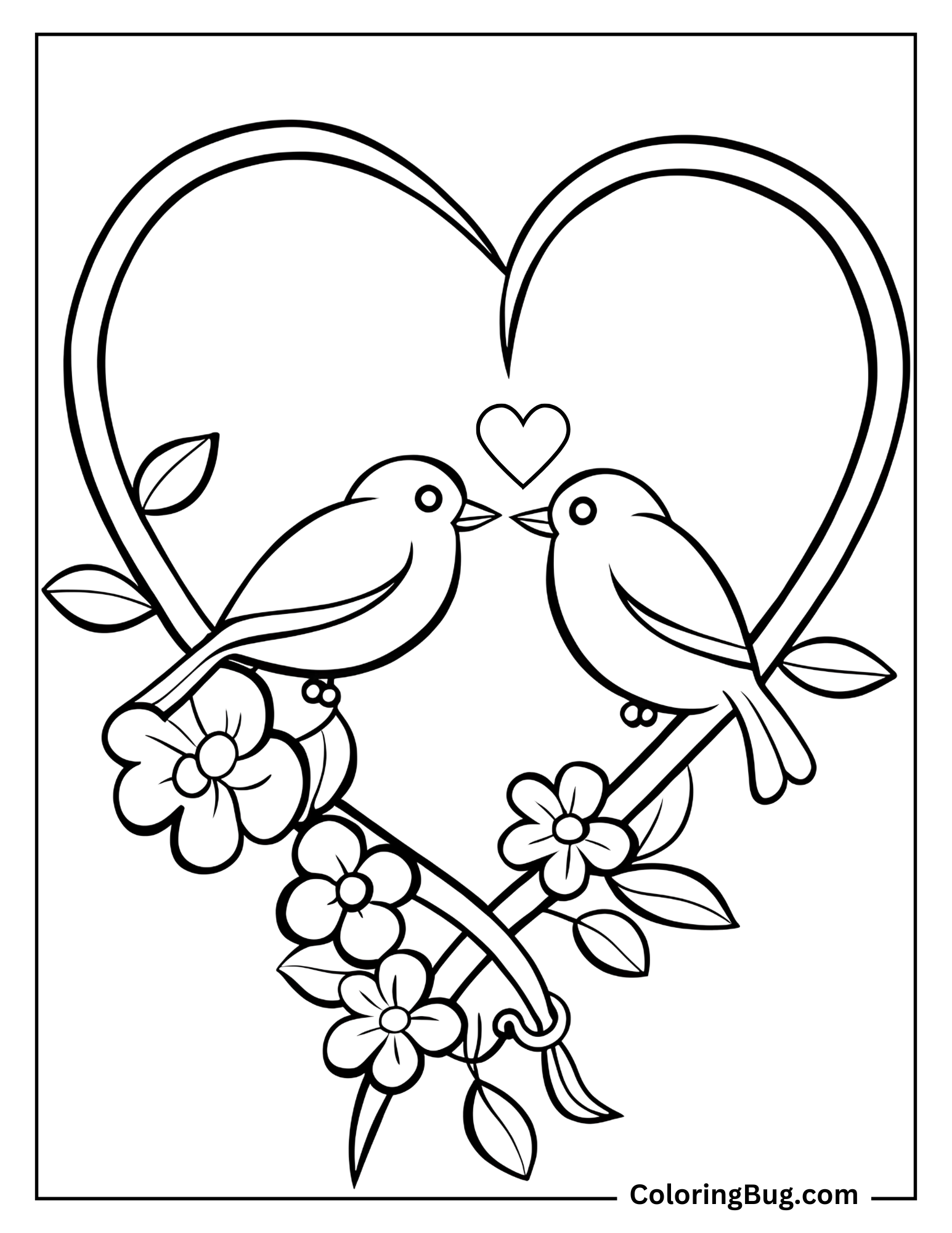 Lovebirds Sitting on Heart-Shaped Branch Coloring Sheet