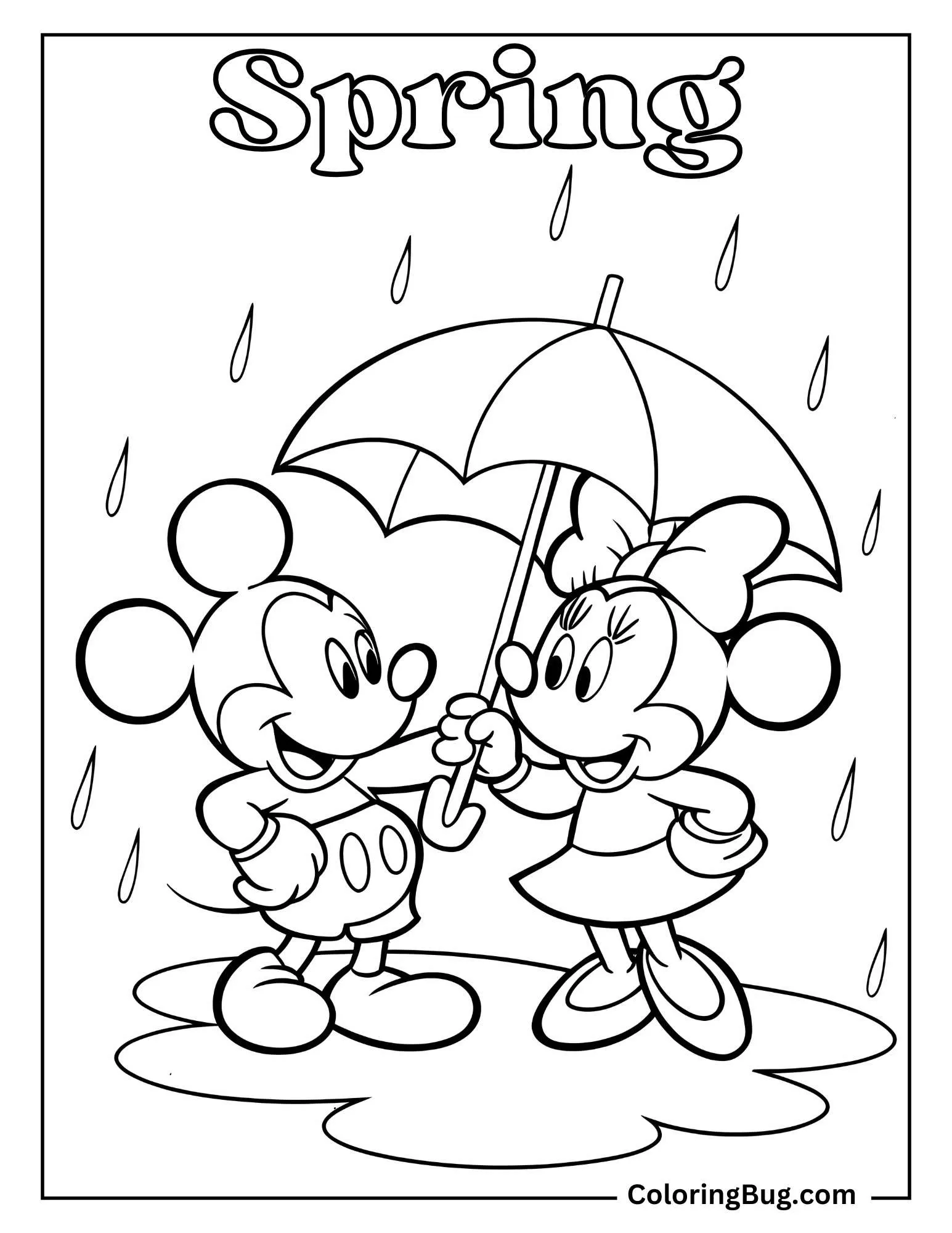 Mickey Minnie Enjoying Spring Rain Coloring sheet