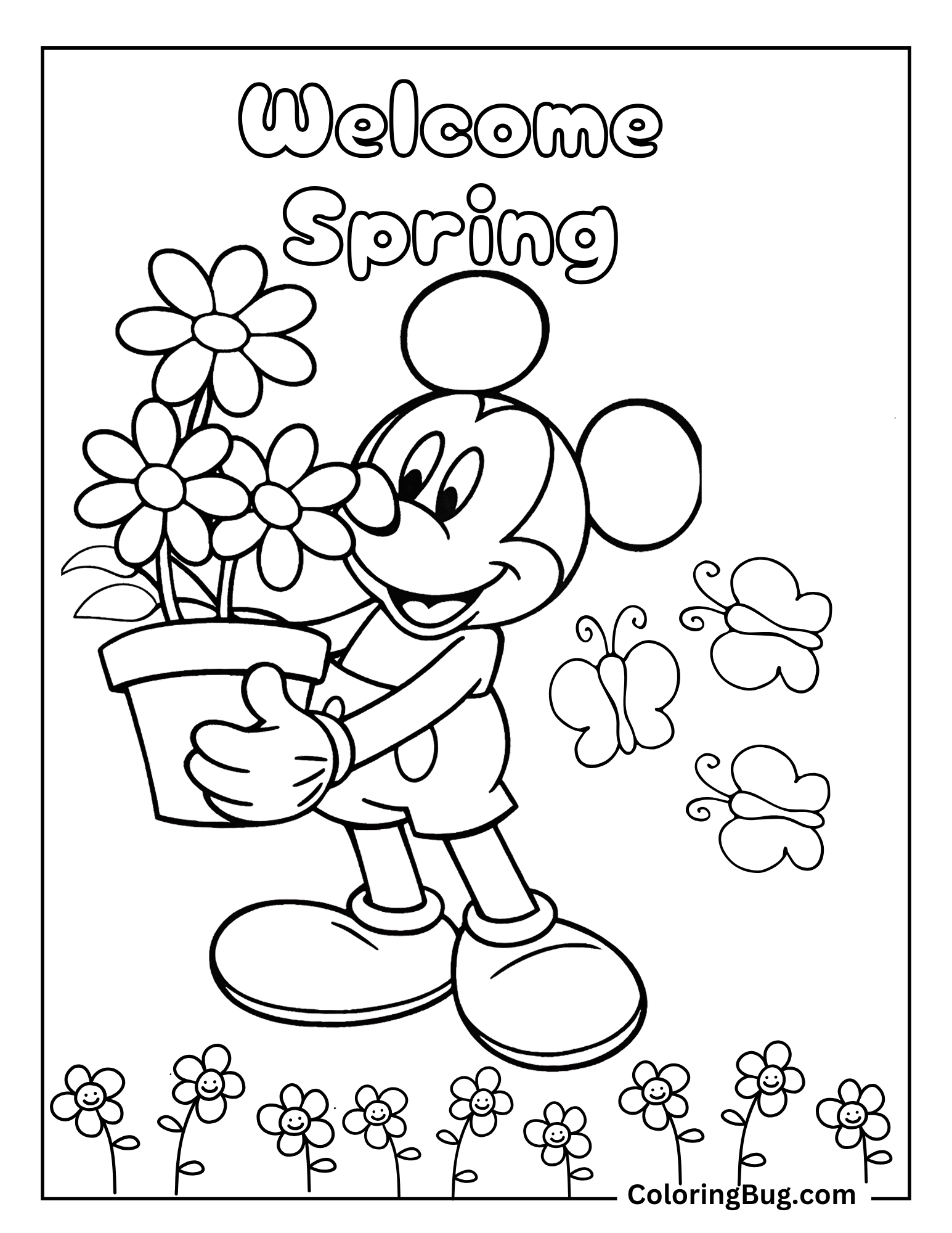 Mickey Mouse Holding Pot of Flowers Coloring sheet