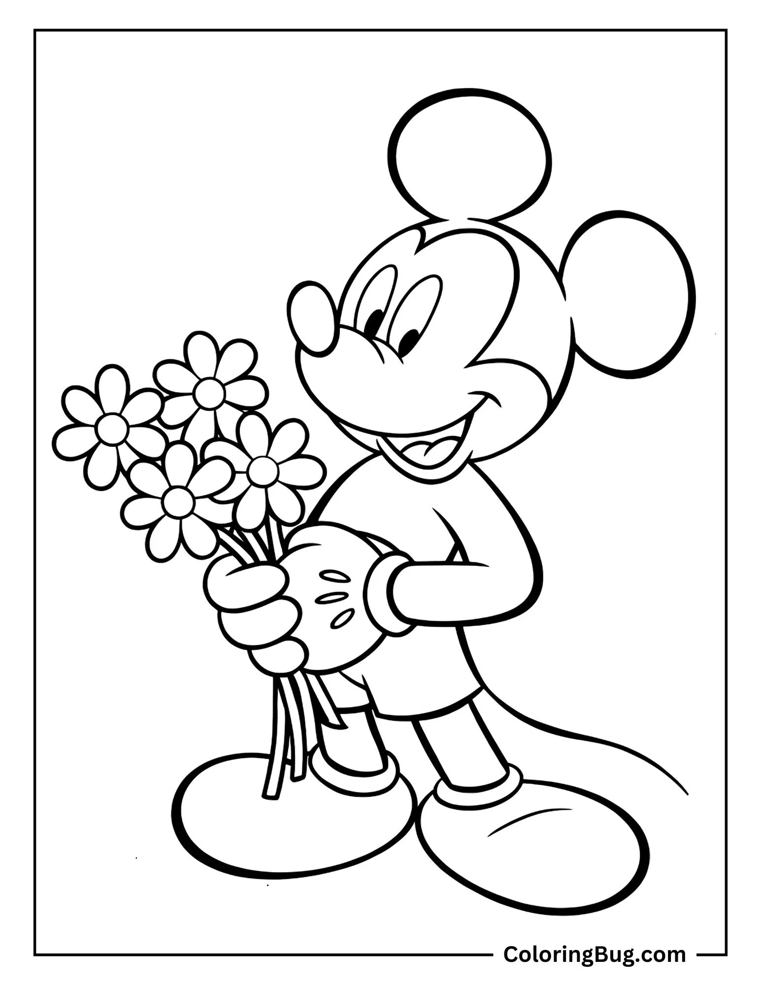 Mickey Mouse Holding Spring Flowers Coloring Sheet