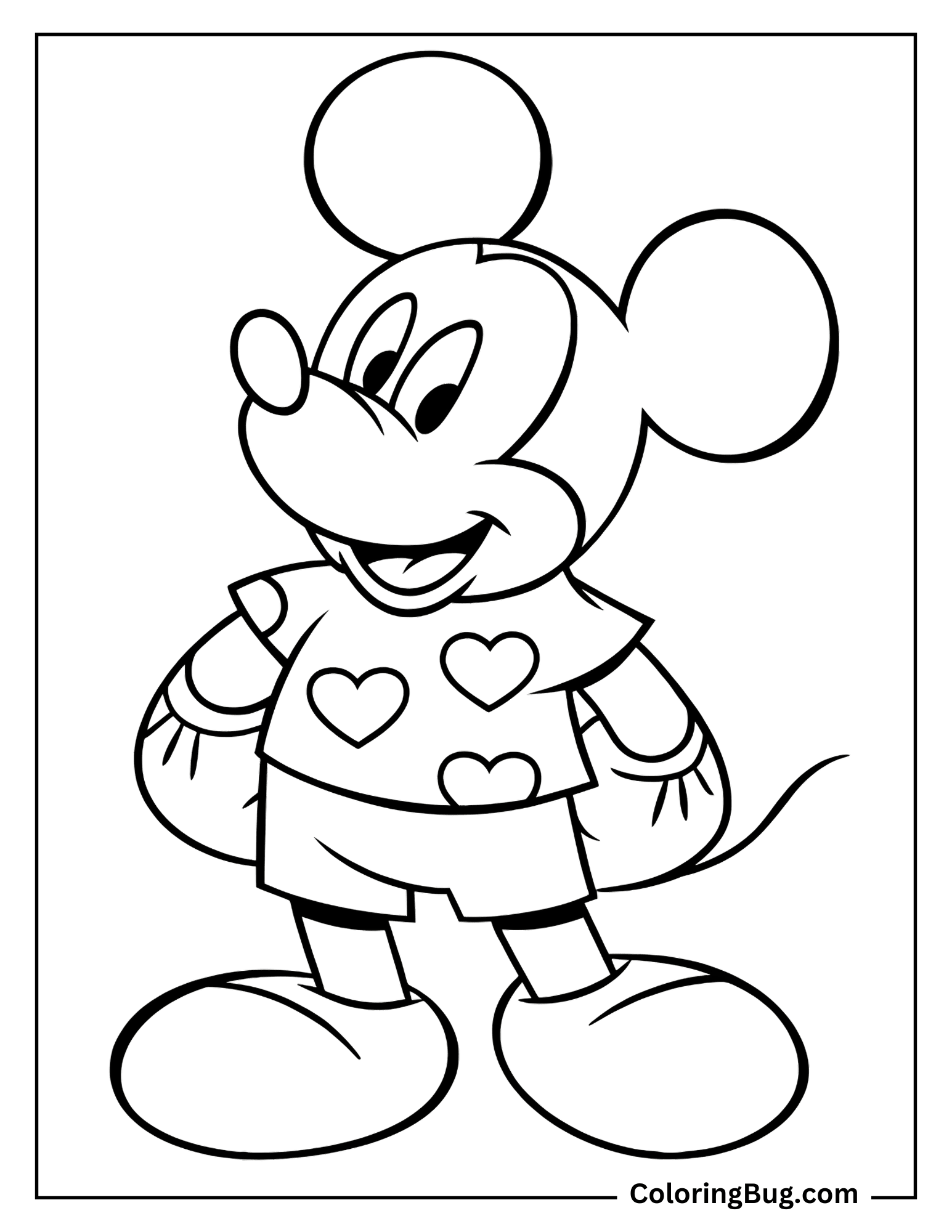 Mickey Mouse Wearing Shirt With Hearts Coloring Sheet