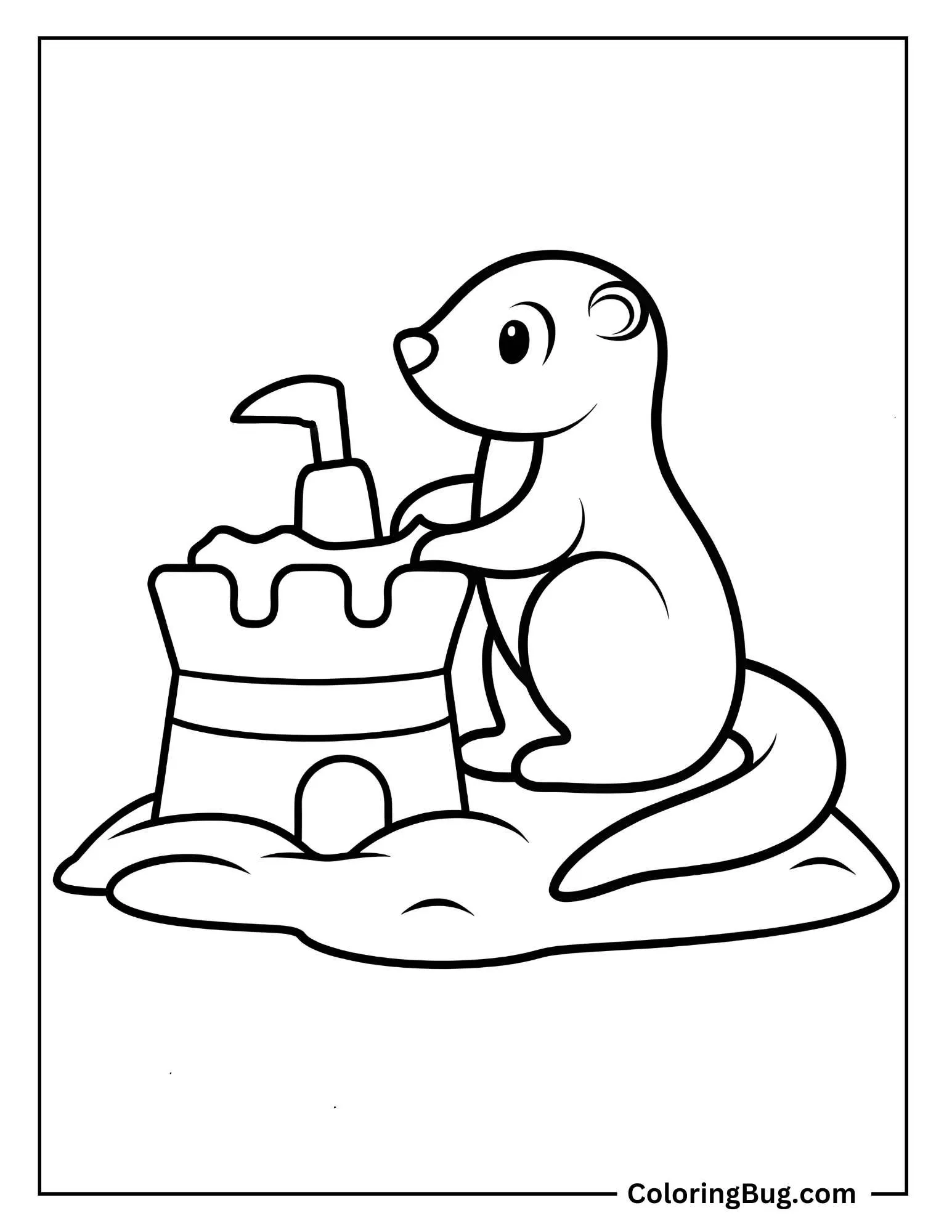 Otter Building a Sandcastle On The Beach Coloring Sheet