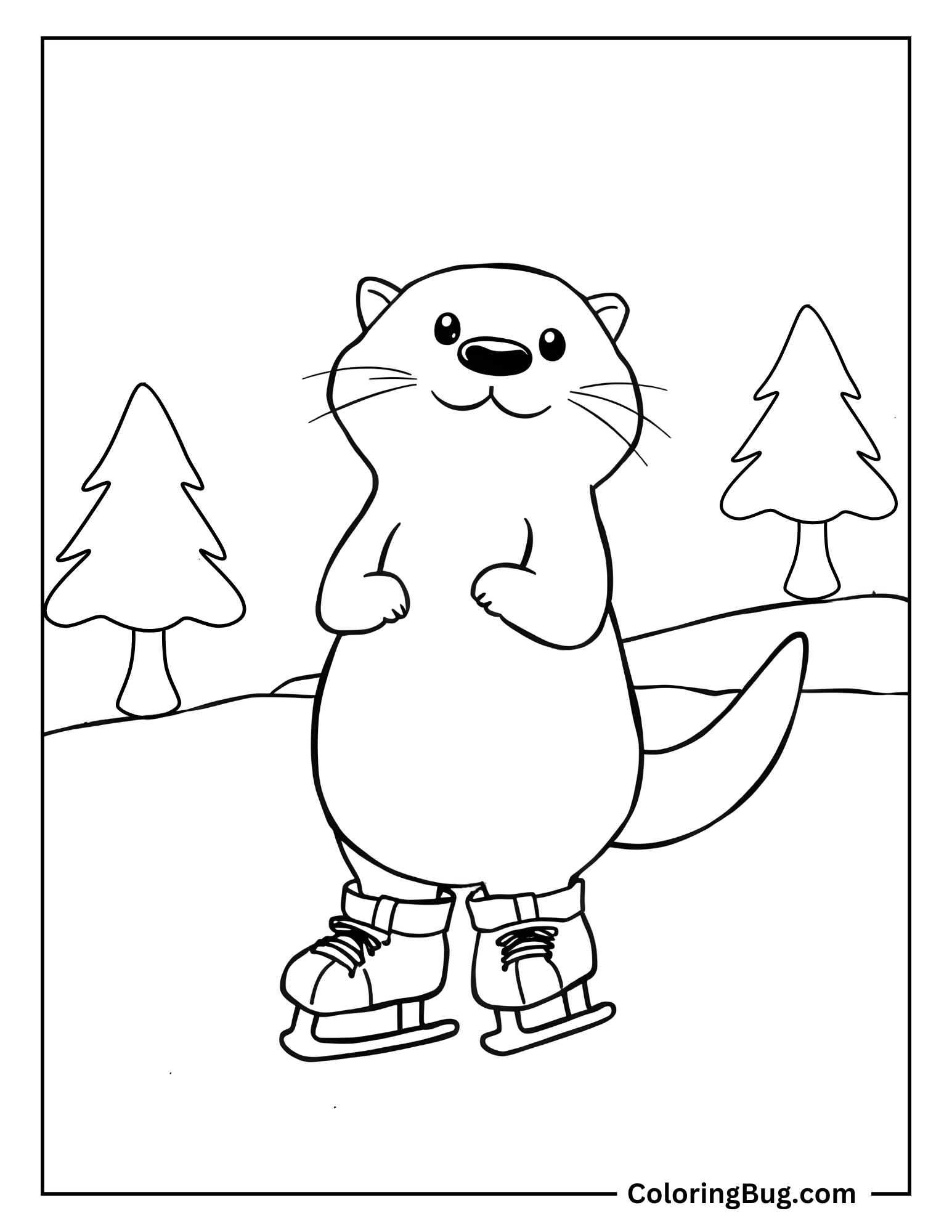 Otter Ice Skating On a Frozen Pond Coloring Sheet