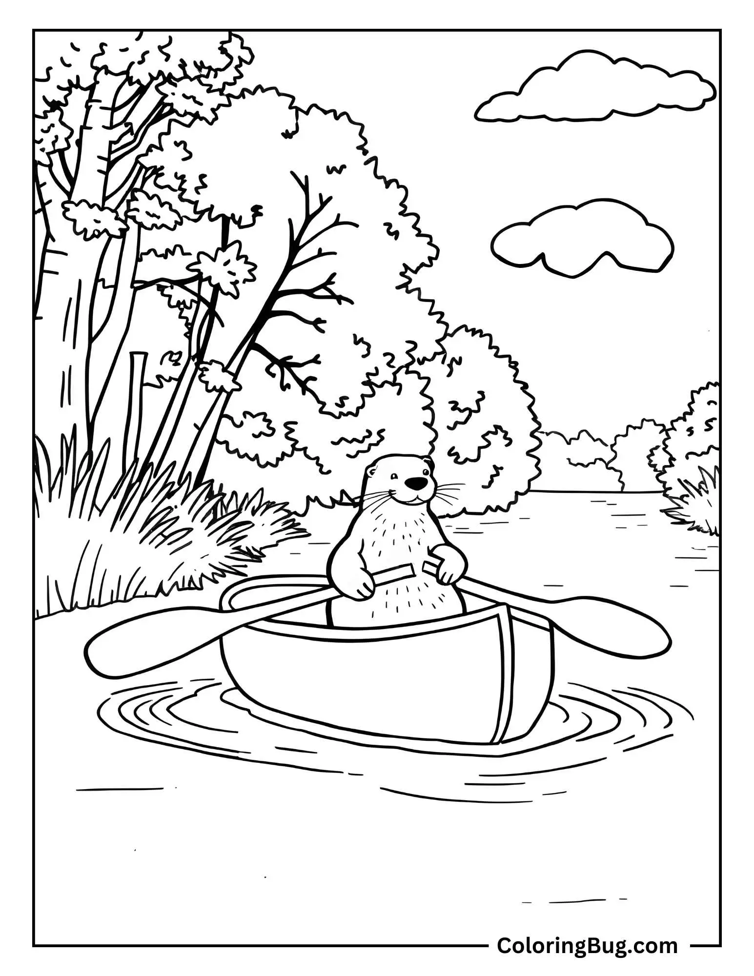 Otter In a Canoe Paddling Along The River Coloring Sheet