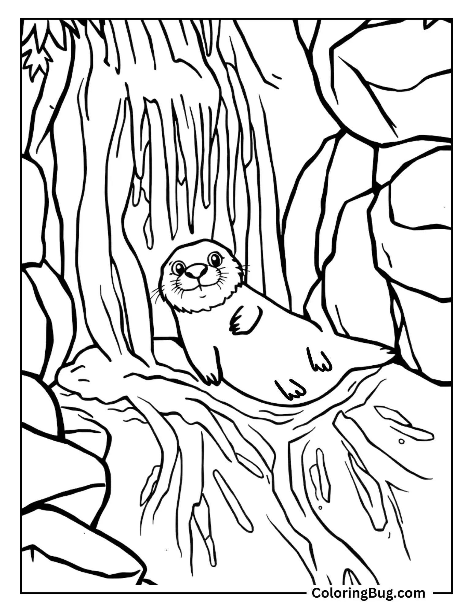 Otter Sliding Down a Waterfall Coloring Sheet