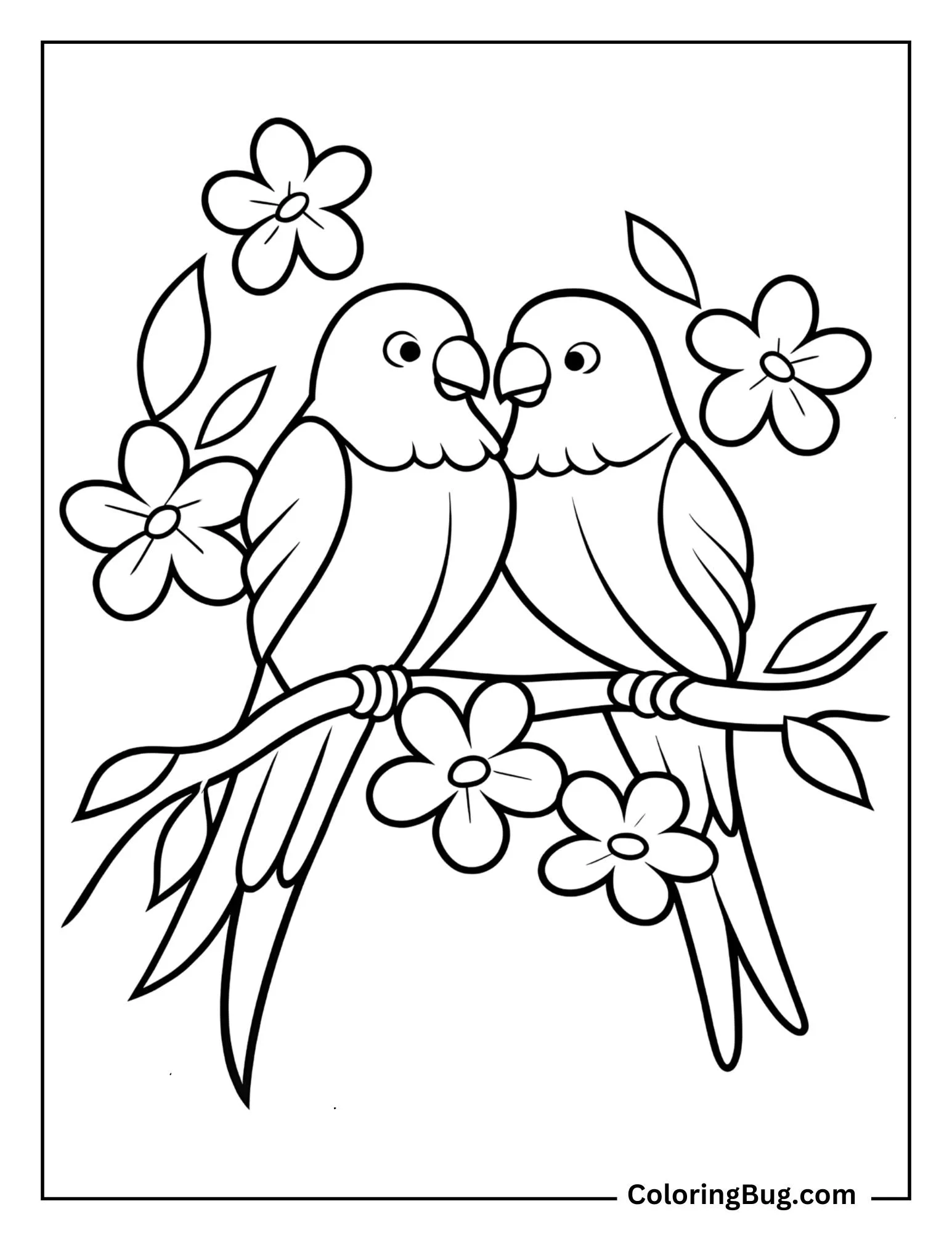 Pair Of Lovebirds Perched On a Springtime Branch Coloring Sheet