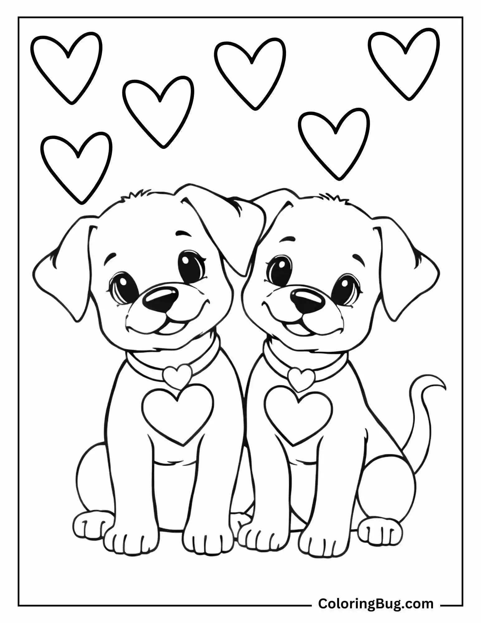 Pair of Puppies Wearing Heart-Shaped Collars Coloring Sheet